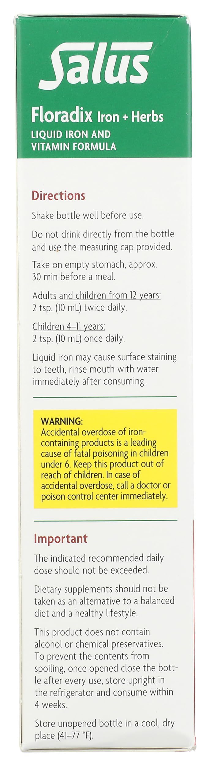 Floravital liquid iron glass serve suggests ready-to-use daily supplement.