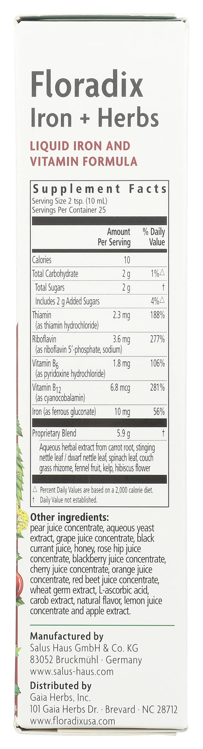 Floravital liquid iron label view emphasizes German-made quality and ingredients.