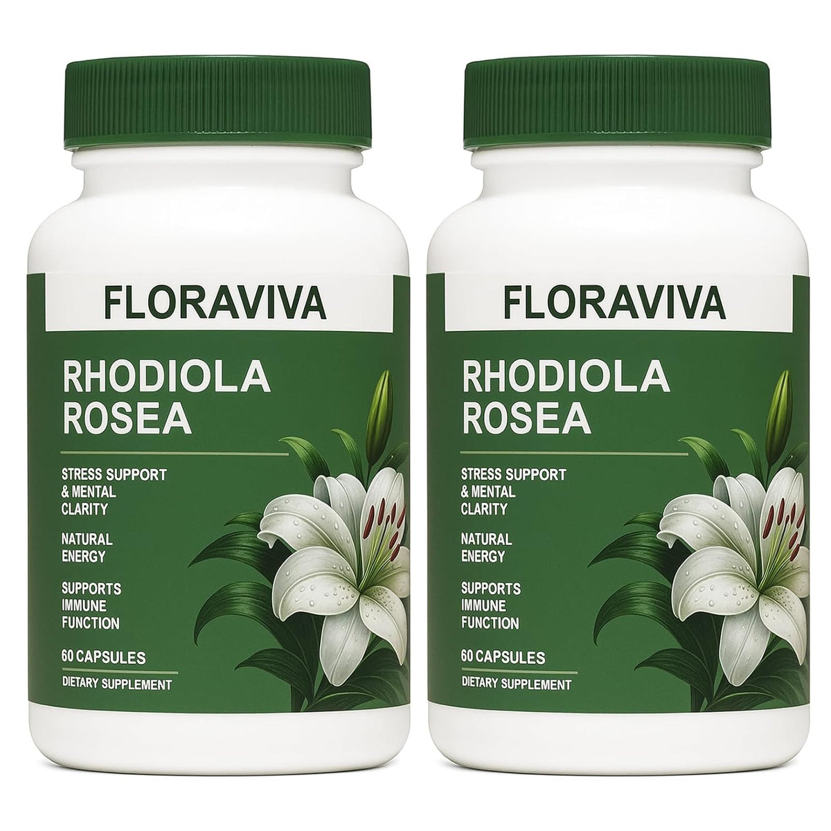 Floraviva Rhodiola Rosea capsules bottle front for stress support.