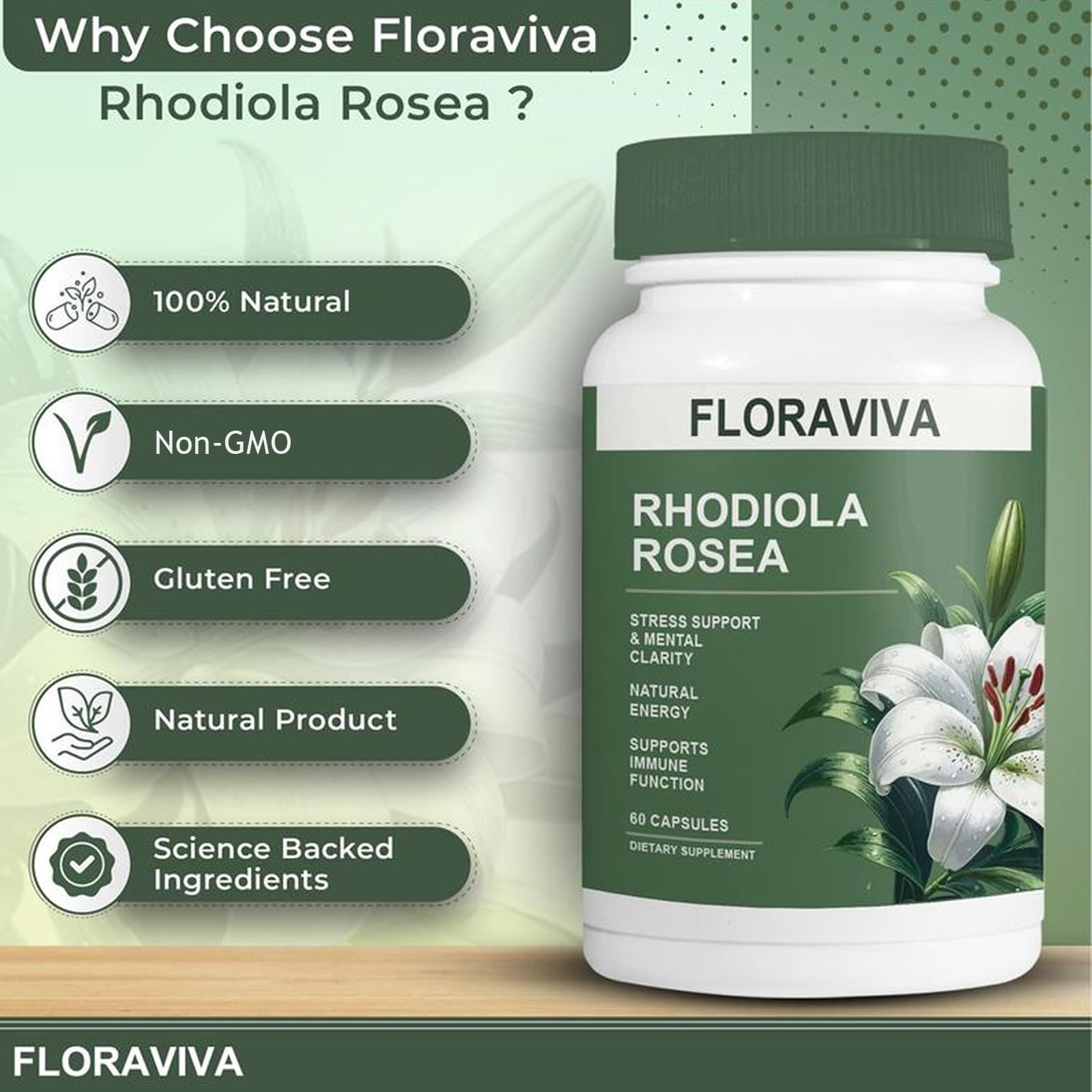 Floraviva packaging side view highlighting gluten-free and non-GMO features.