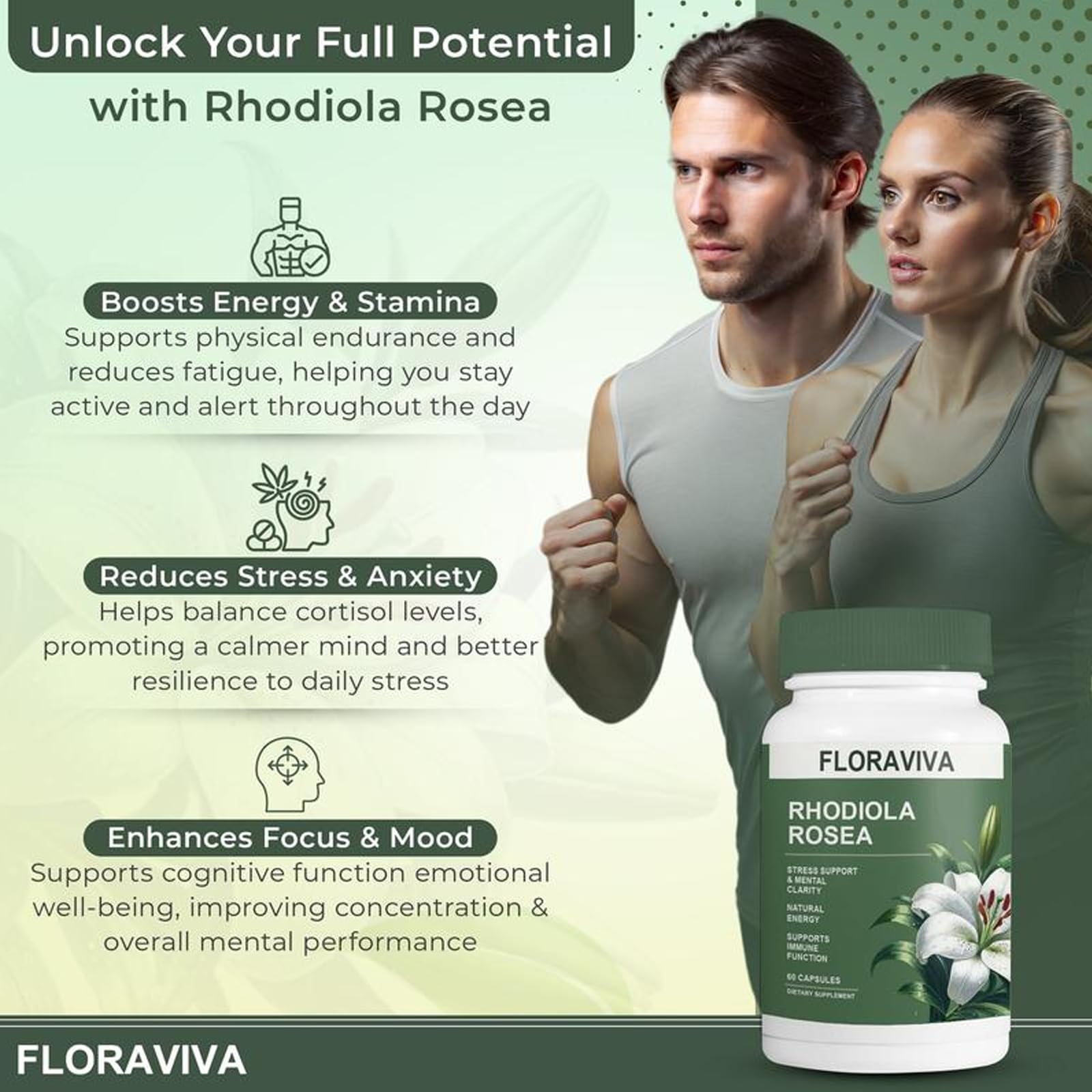 Floraviva Rhodiola Rosea capsules being poured for steady energy.