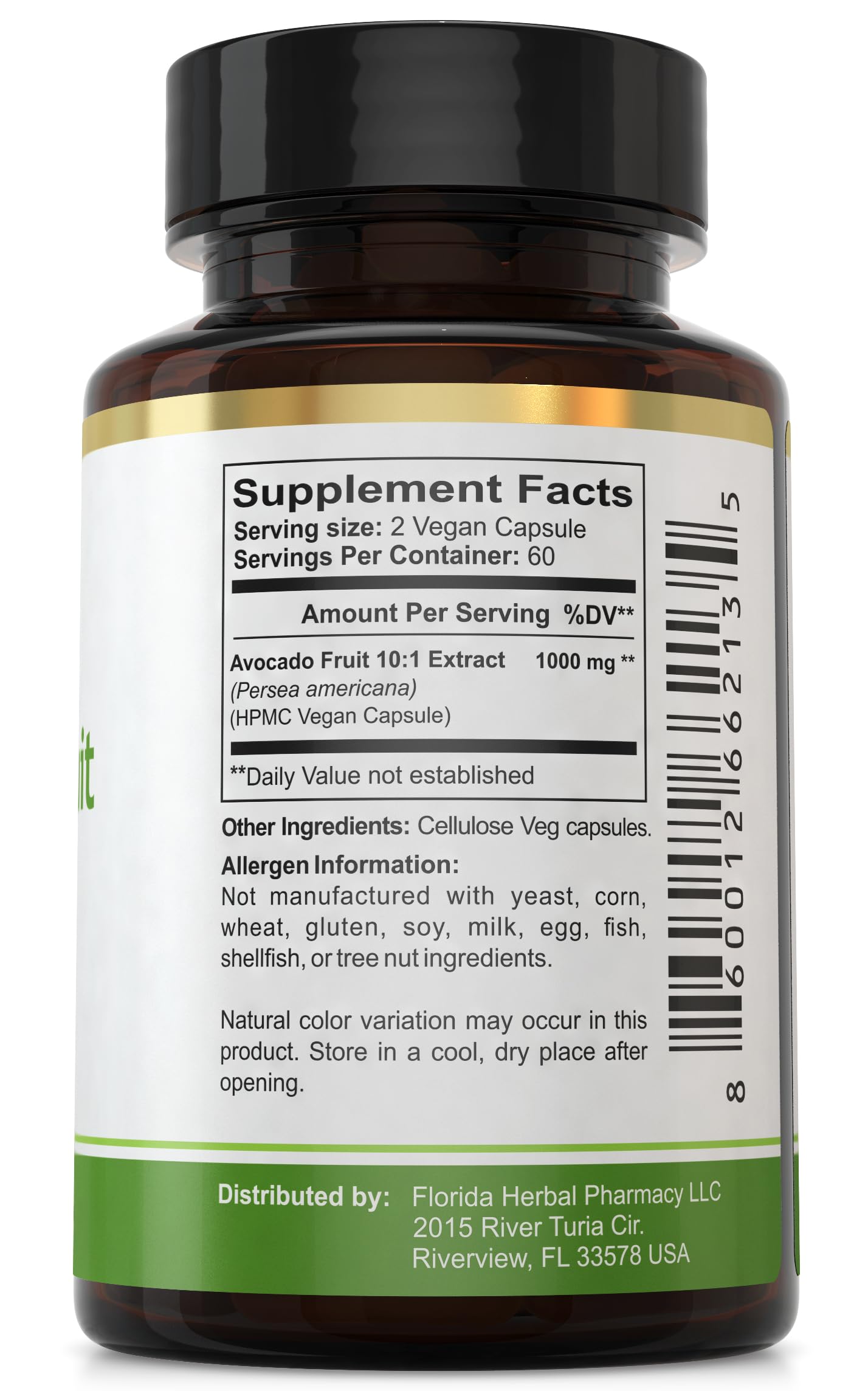 Florida Herbal Pharmacy avocado extract label close-up highlights GMP quality.