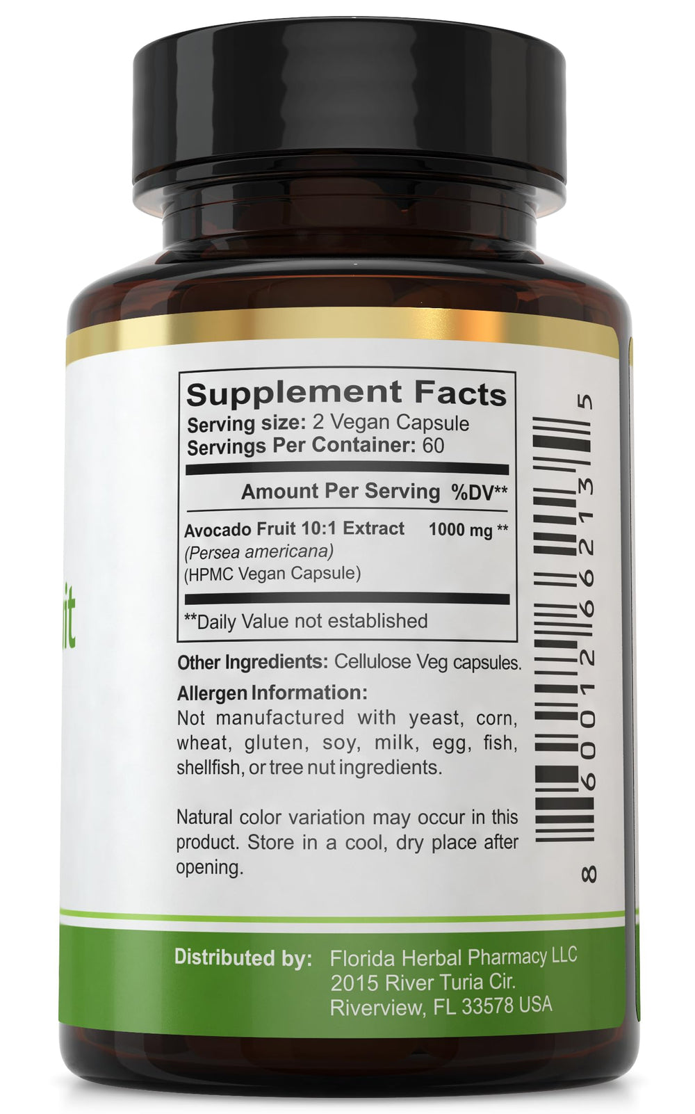 Florida Herbal Pharmacy avocado extract label close-up highlights GMP quality.