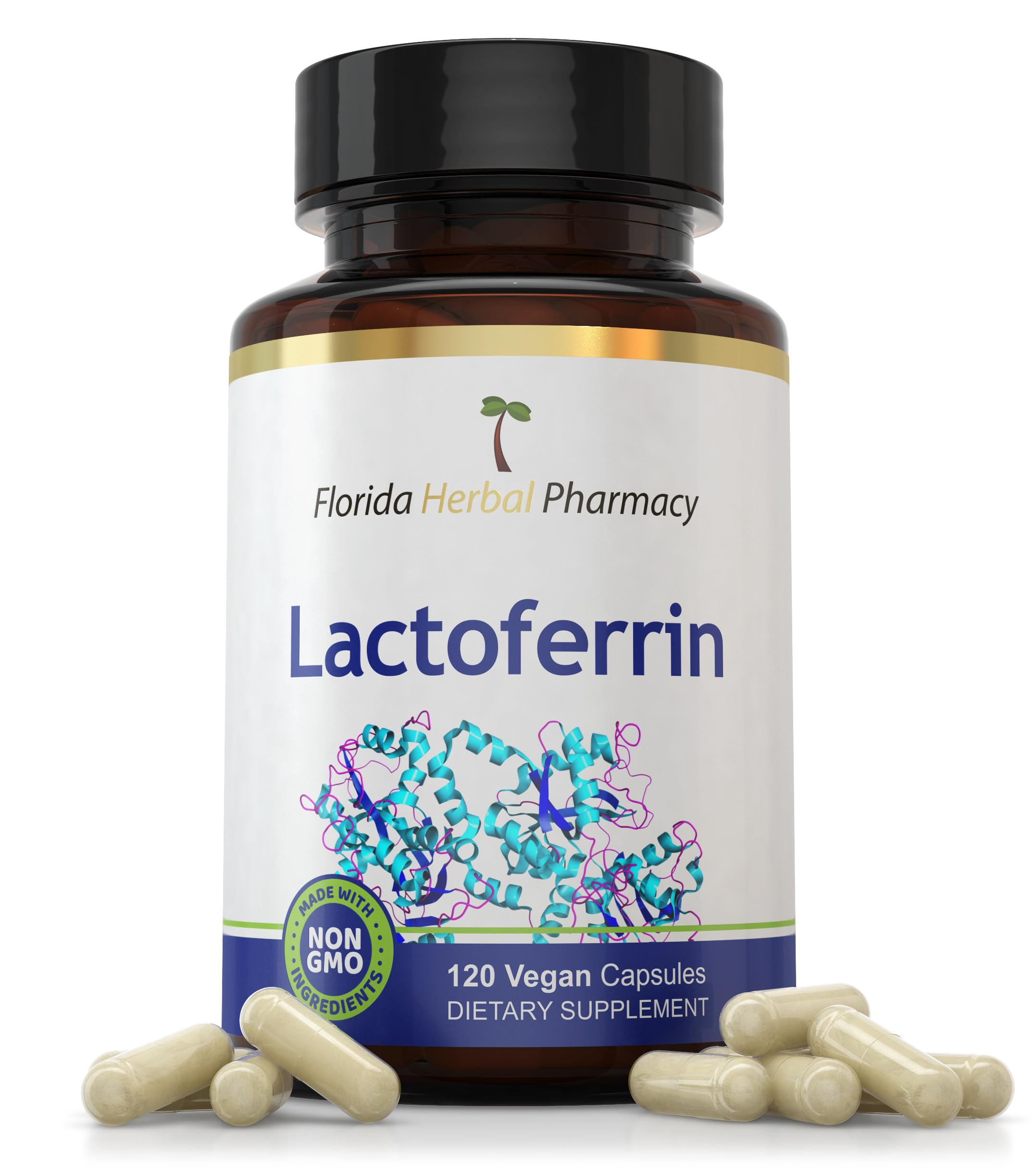 Florida Herbal Pharmacy lactoferrin bottle front highlights a potent daily wellness option.