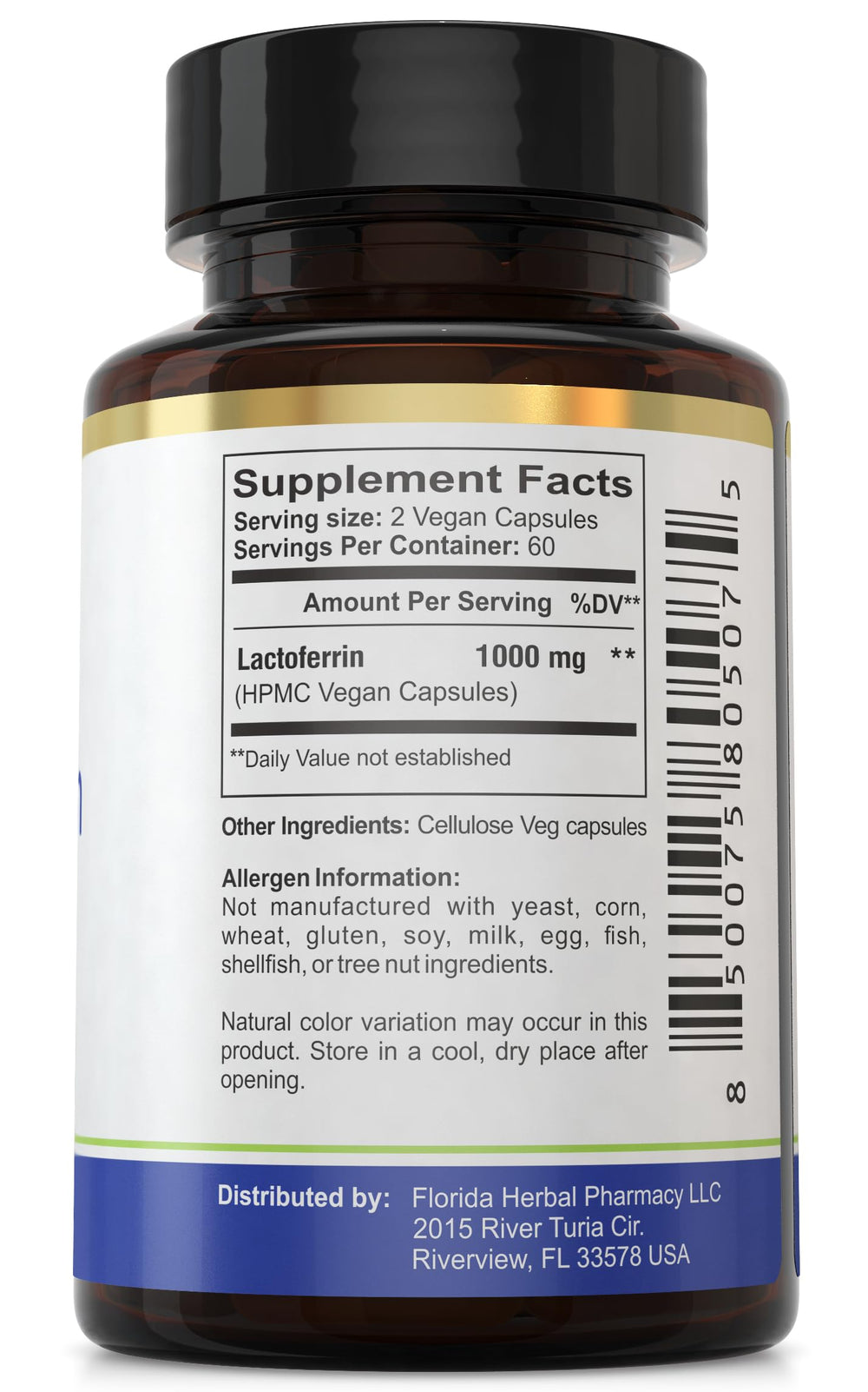 Florida Herbal Pharmacy lactoferrin bottle side view communicates GMP quality and safety.