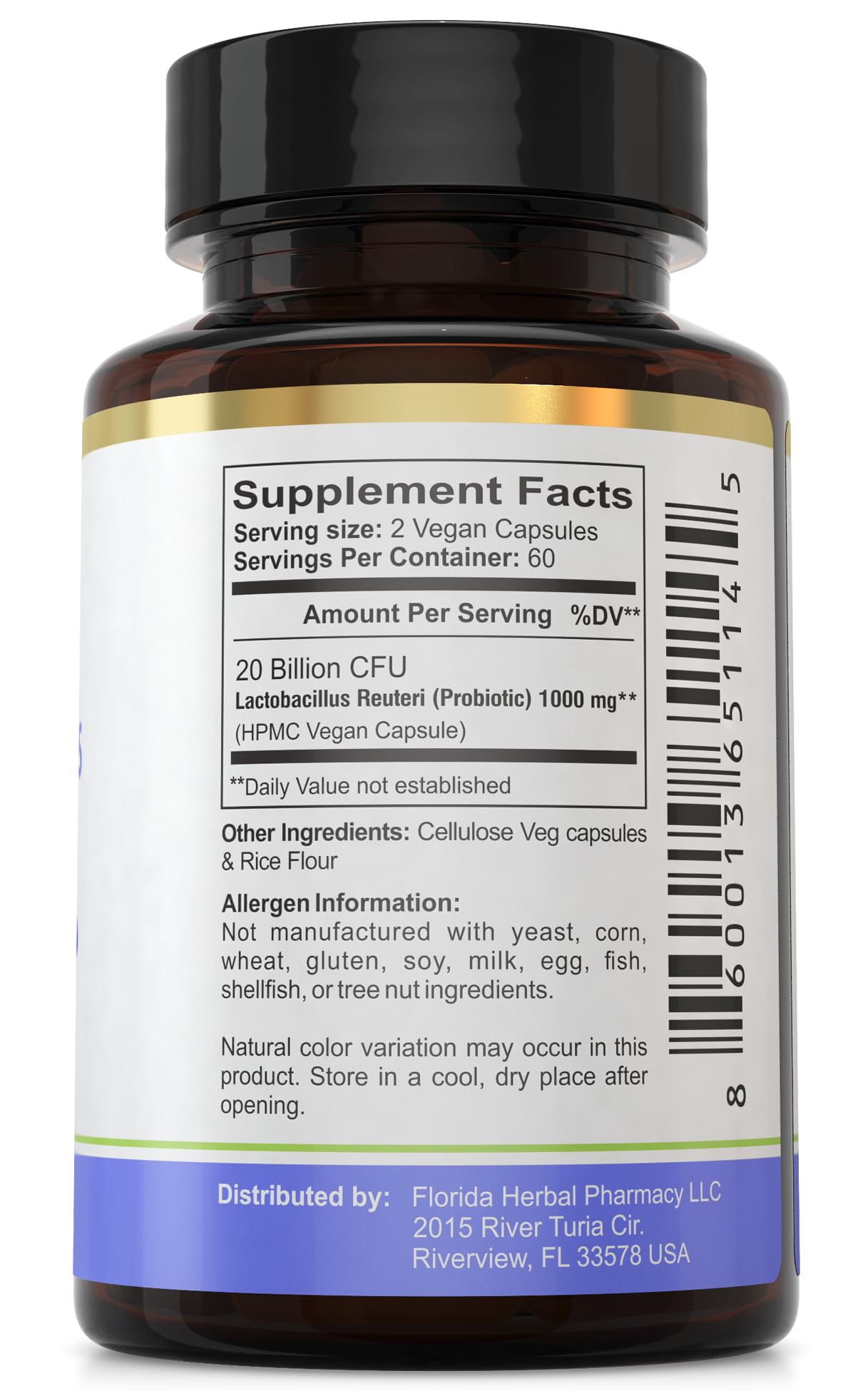 Florida Herbal Pharmacy packaging label emphasizing GMP quality and third-party testing.