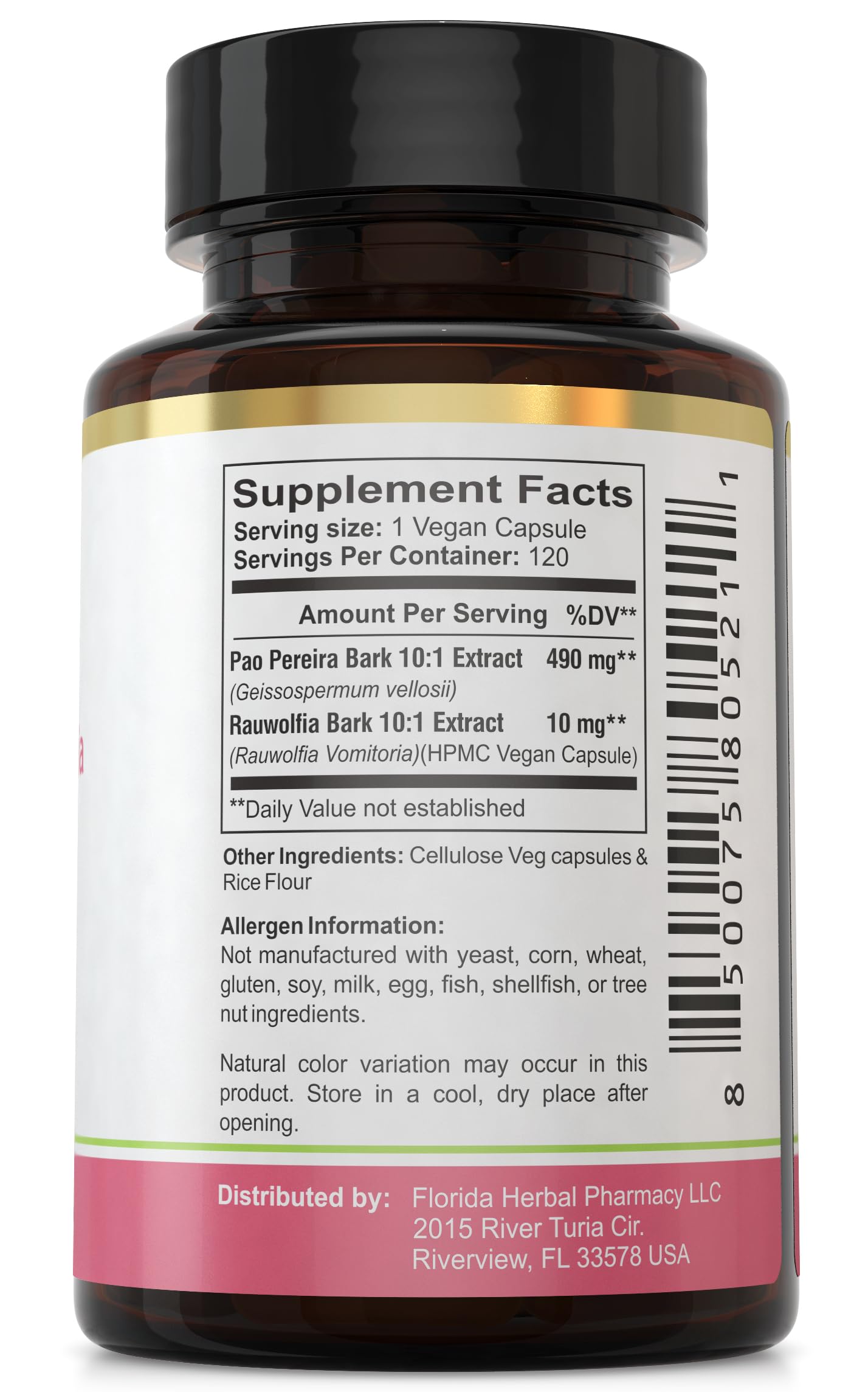 Florida Herbal Pharmacy Pao Pereira Rauwolfia capsules on shelf ready for daily routine