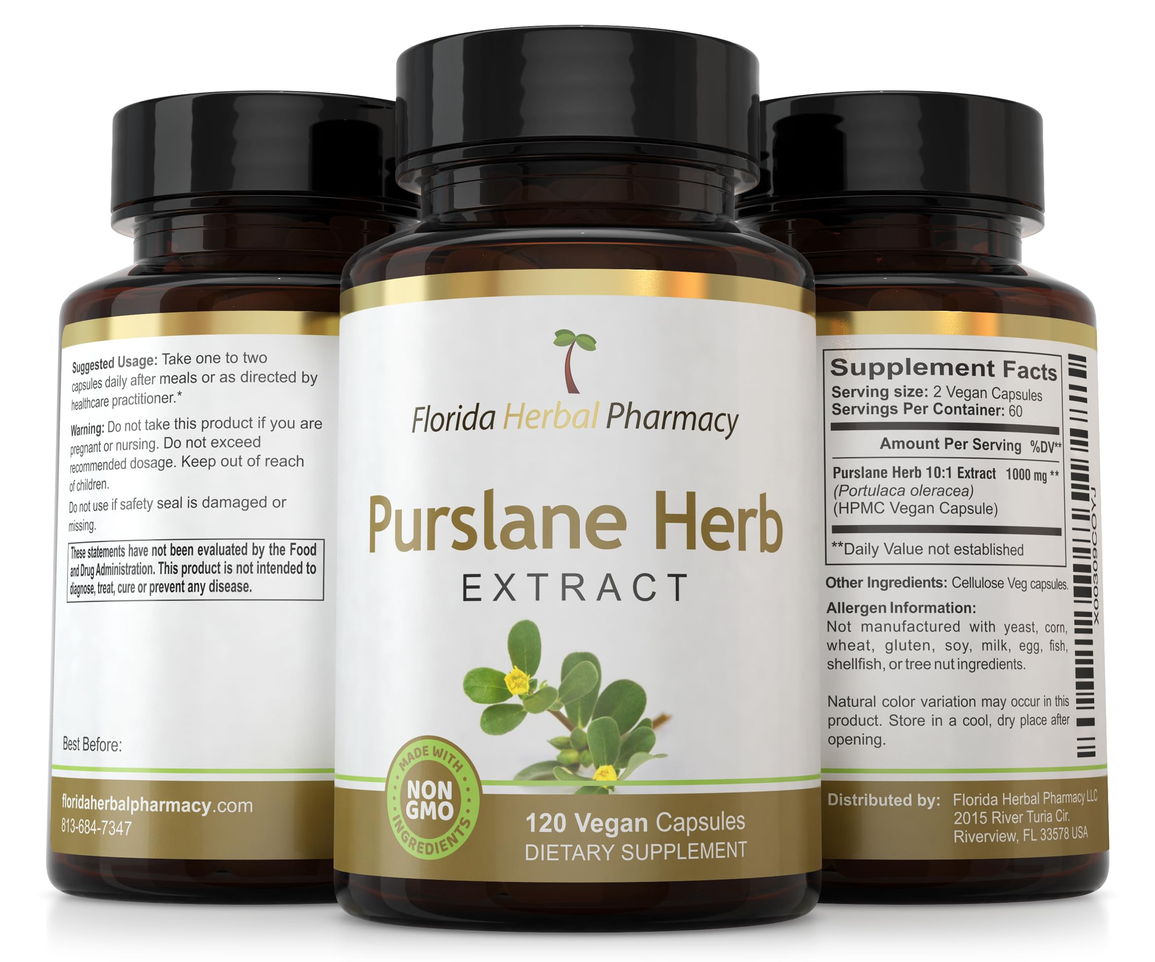 Packaging emphasizes convenient daily intake for Florida Herbal Pharmacy Purslane supplement.