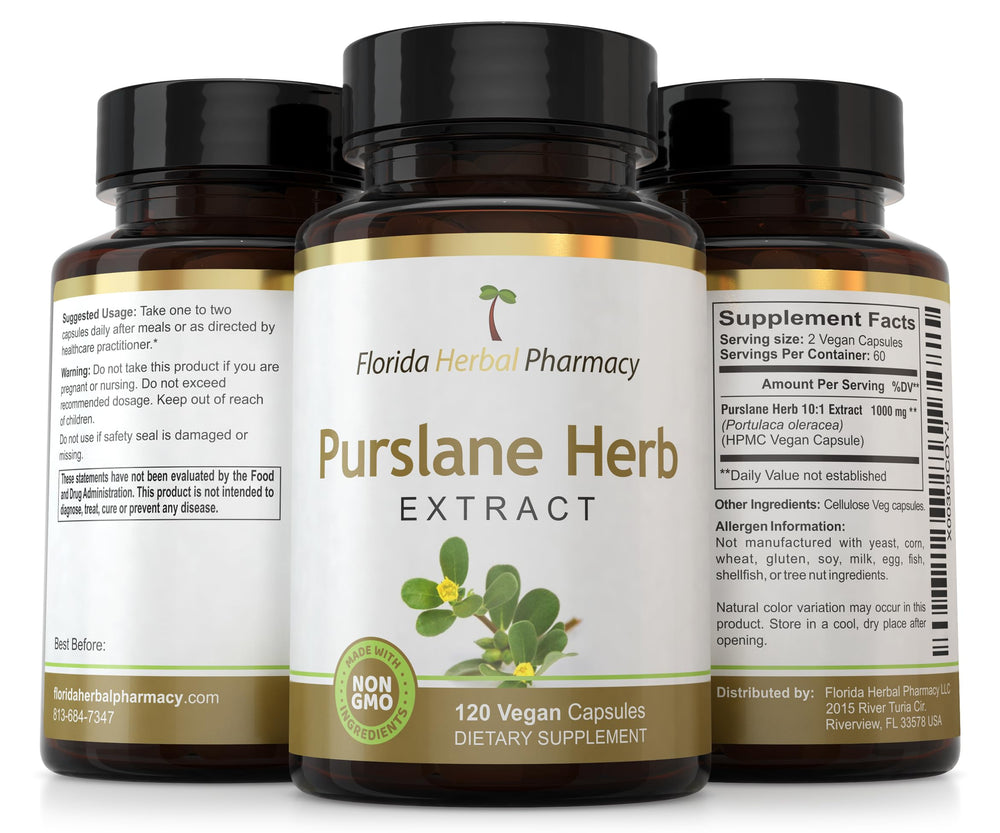 Packaging emphasizes convenient daily intake for Florida Herbal Pharmacy Purslane supplement.