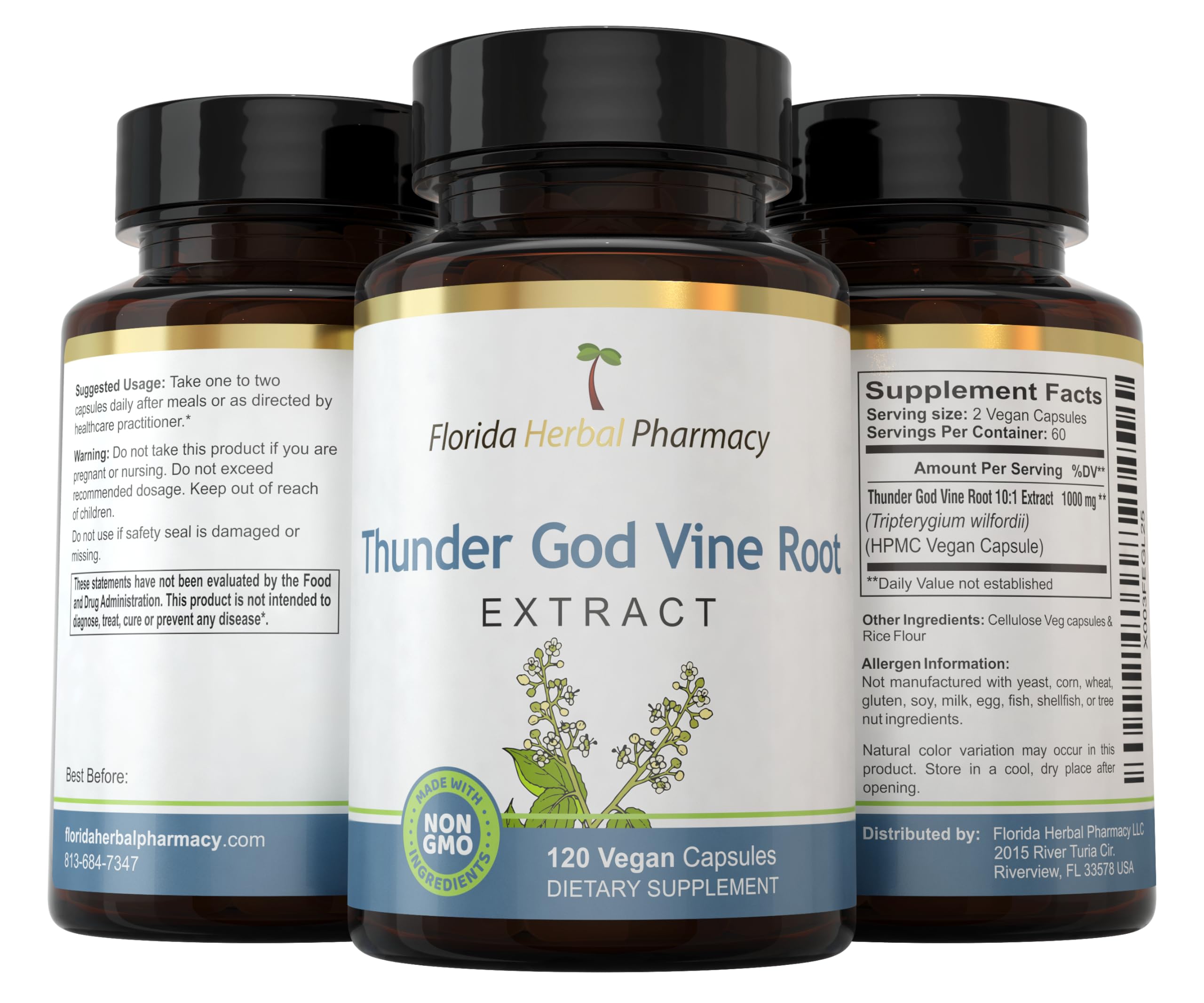 Packaging of Florida Herbal Pharmacy Thunder God Vine capsules with dosage guidance