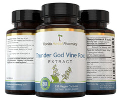Packaging of Florida Herbal Pharmacy Thunder God Vine capsules with dosage guidance