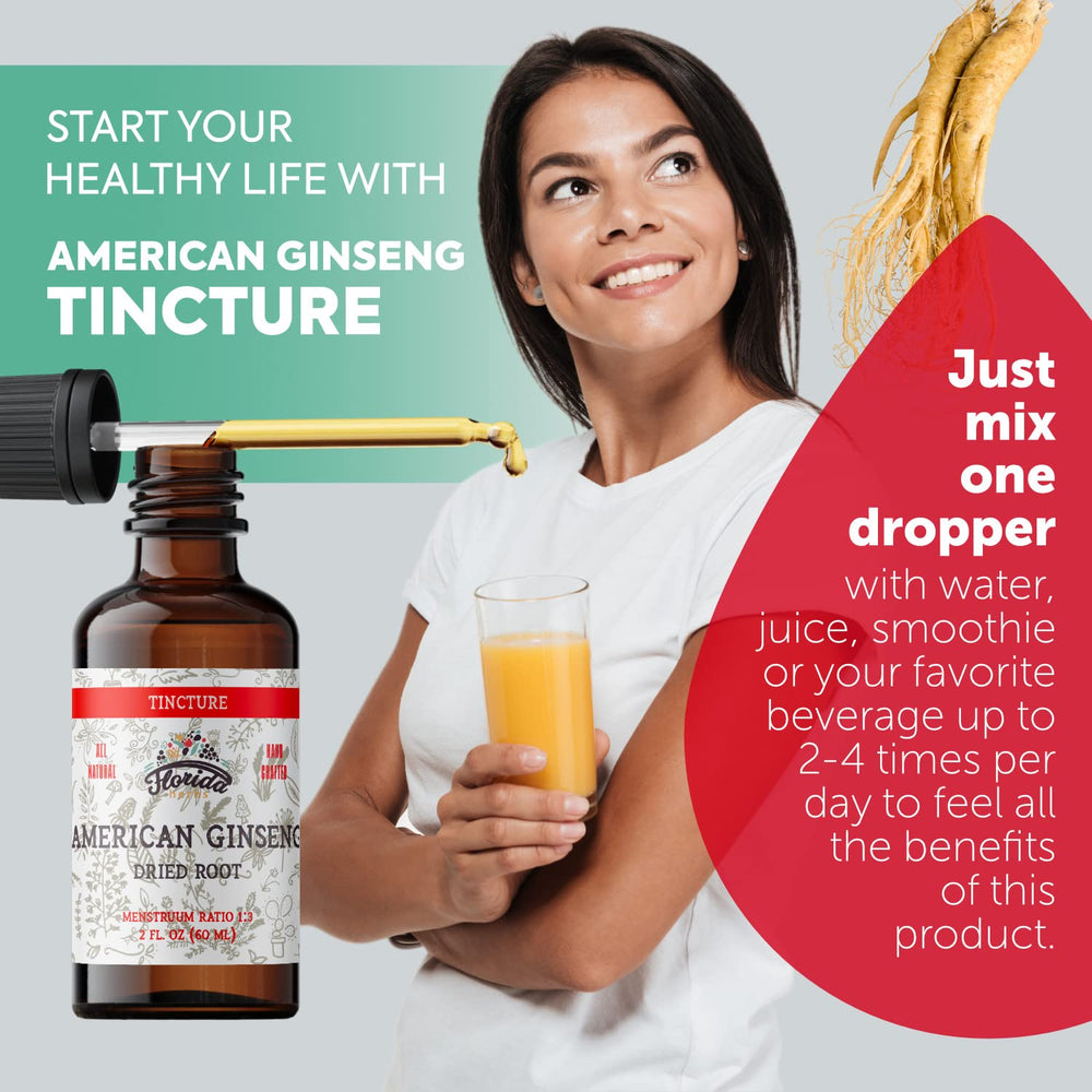 Florida Herbs American Ginseng tincture dropper highlighting hormone-free, preservative-free formula