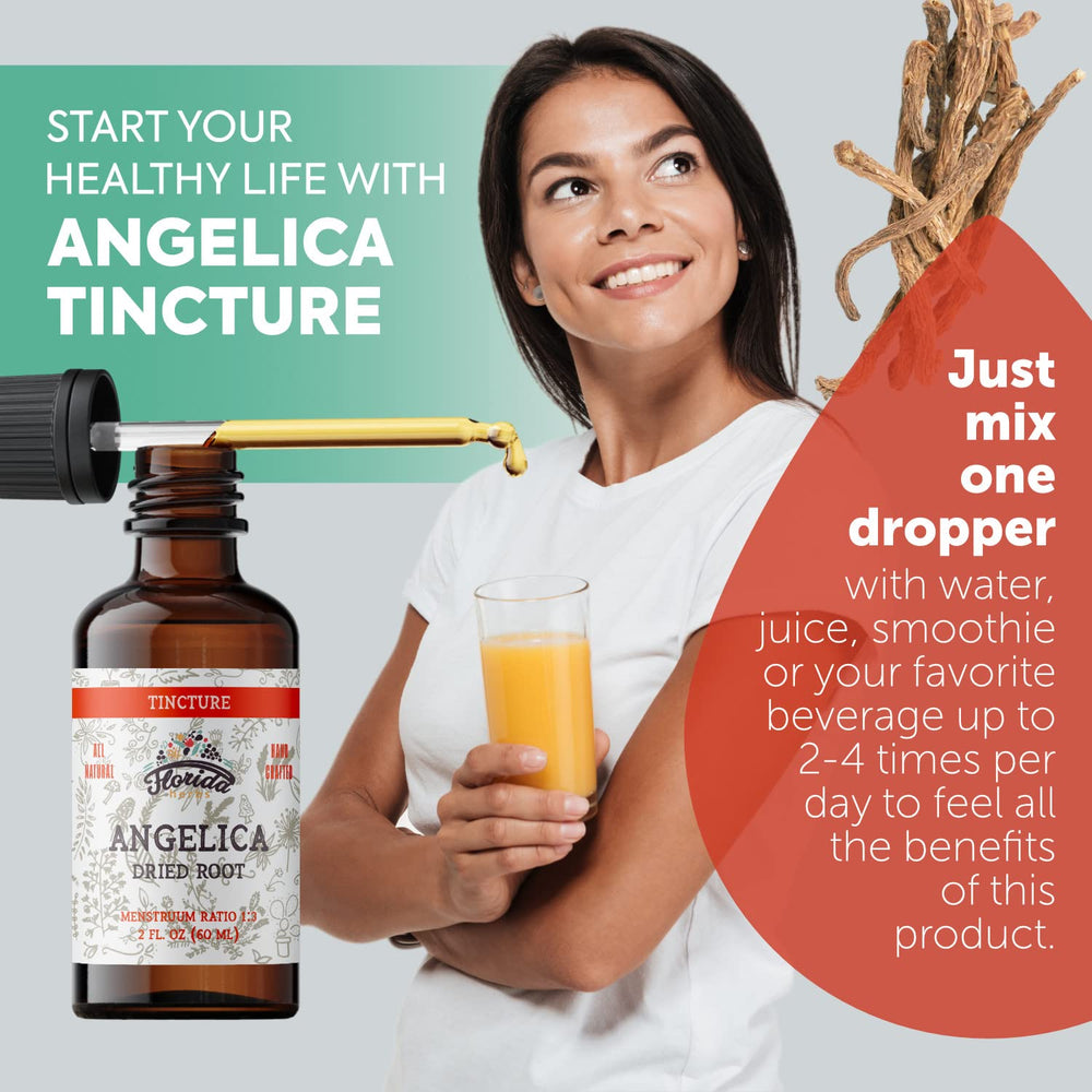 Florida Herbs Angelica tincture pour showing easy administration for consistent use.