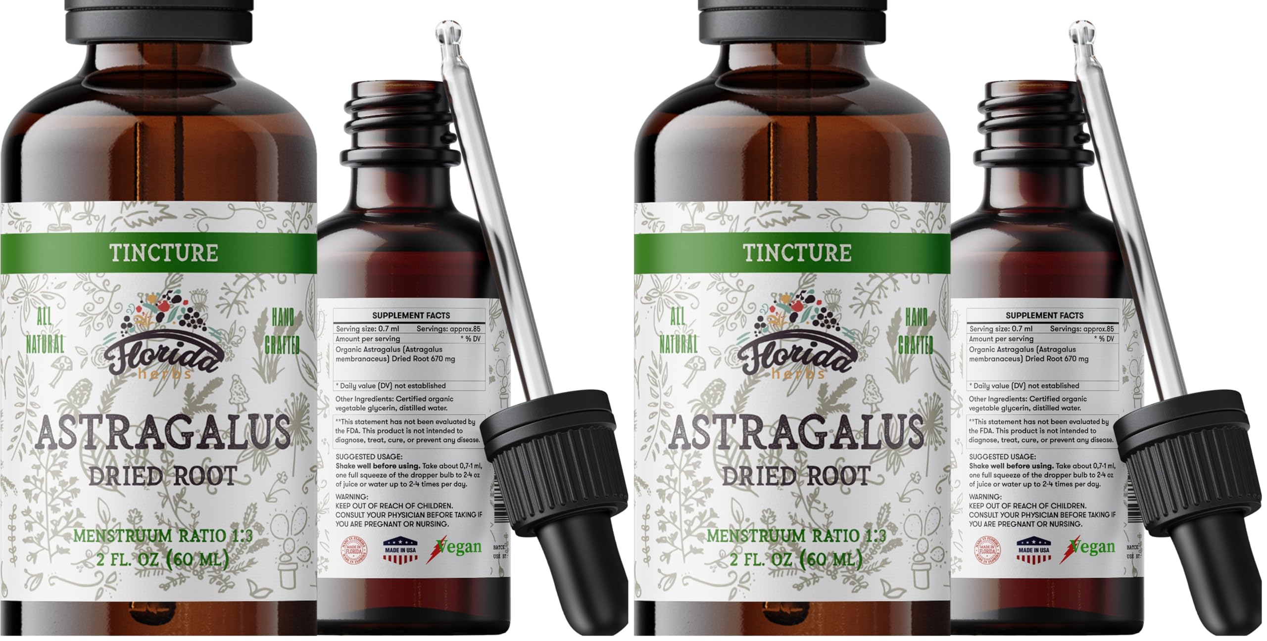 Florida Herbs Astragalus tincture bottle front showing organic extract and non-GMO formula.
