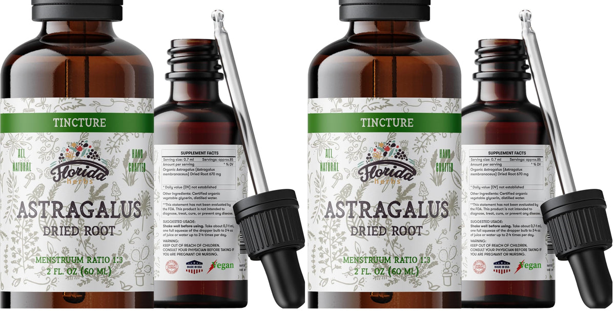 Florida Herbs Astragalus tincture bottle front showing organic extract and non-GMO formula.