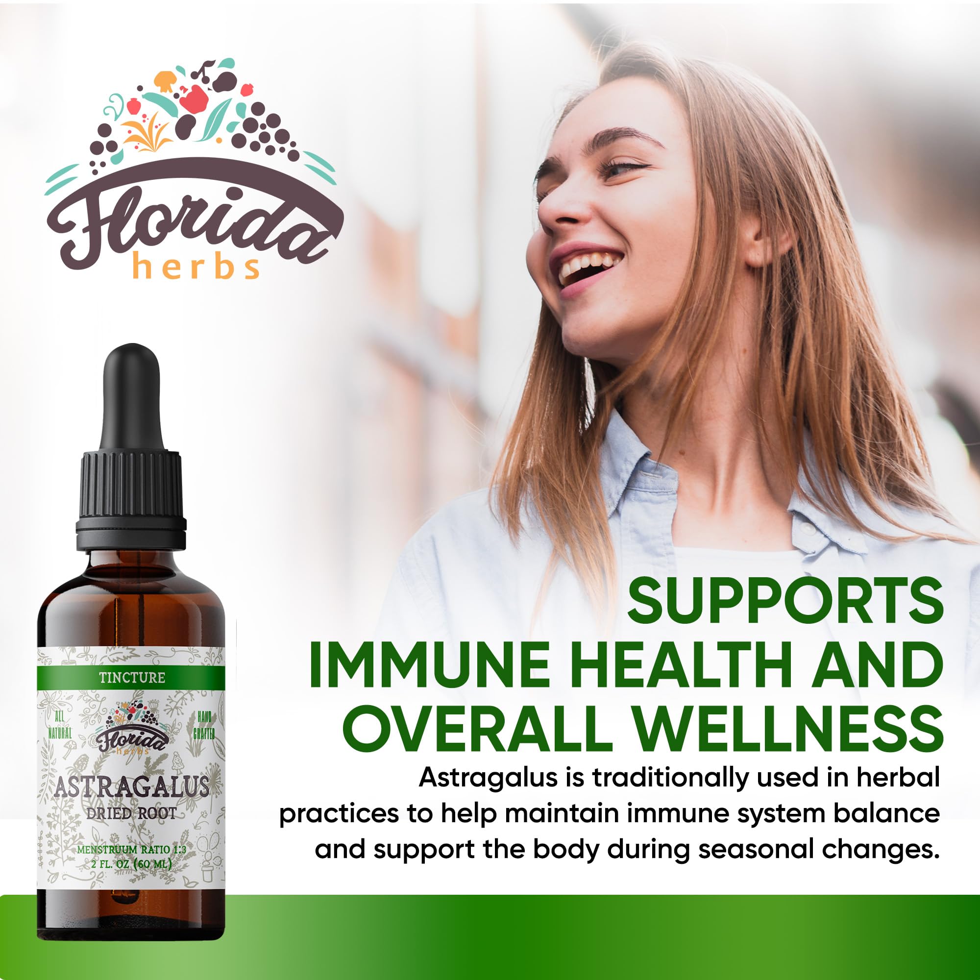 Florida Herbs Astragalus tincture label close-up highlighting gluten-free and organic ingredients.