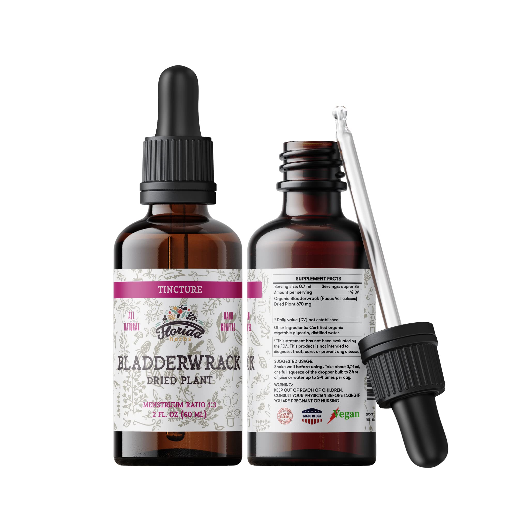 Florida Herbs Bladderwrack tincture bottle front view for daily wellness in a glycerin base