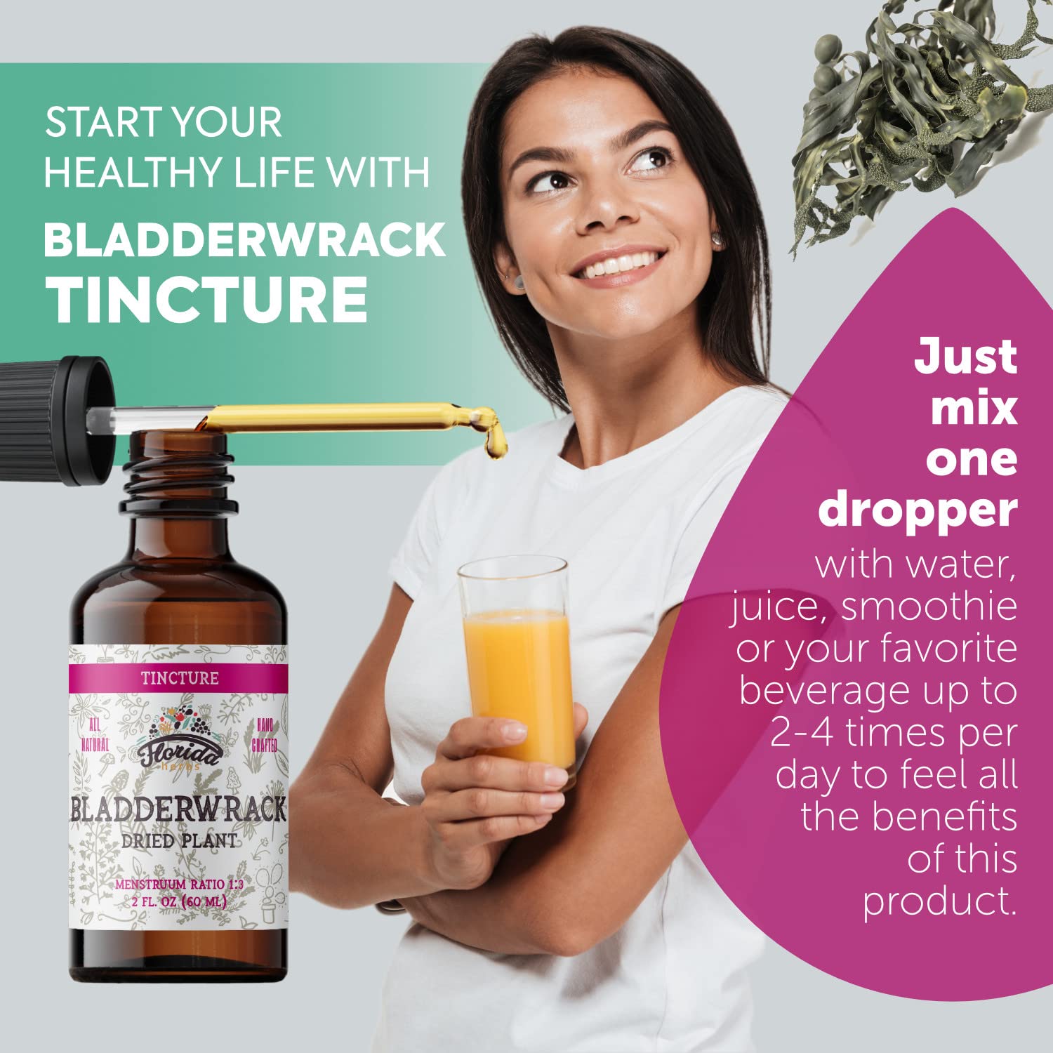 Florida Herbs Bladderwrack tincture bottle label close-up, organic non-GMO alcohol-free formulation