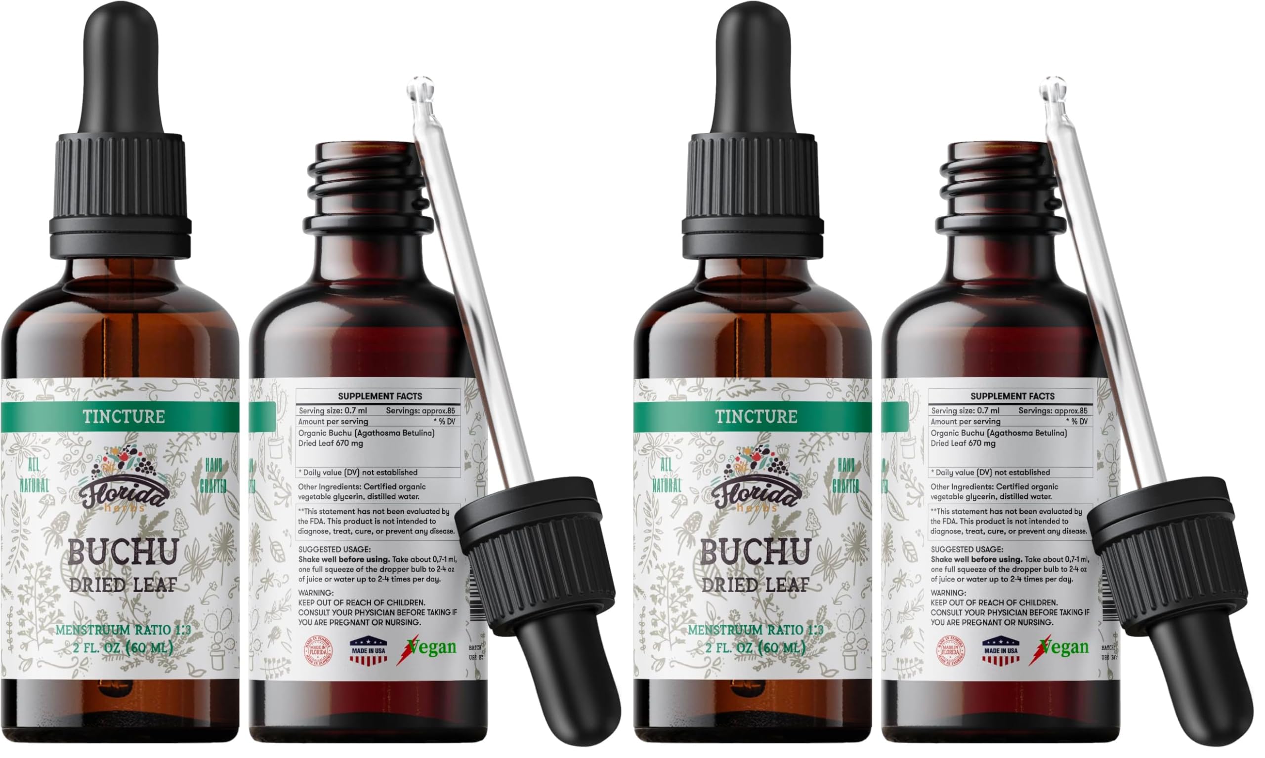 Florida Herbs Buchu Tincture bottle on countertop, ideal for daily organic supplement