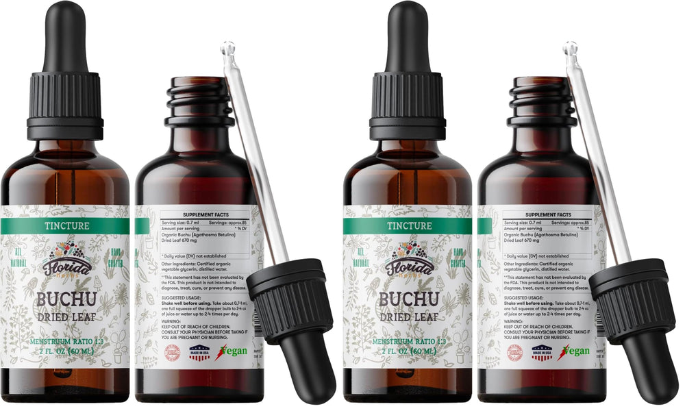 Florida Herbs Buchu Tincture bottle on countertop, ideal for daily organic supplement