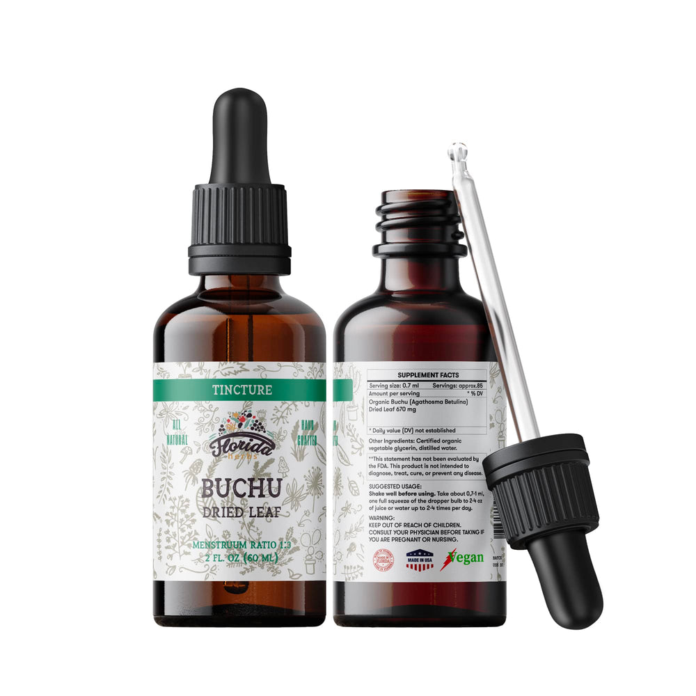 Florida Herbs Buchu tincture bottle shows organic extract for daily use
