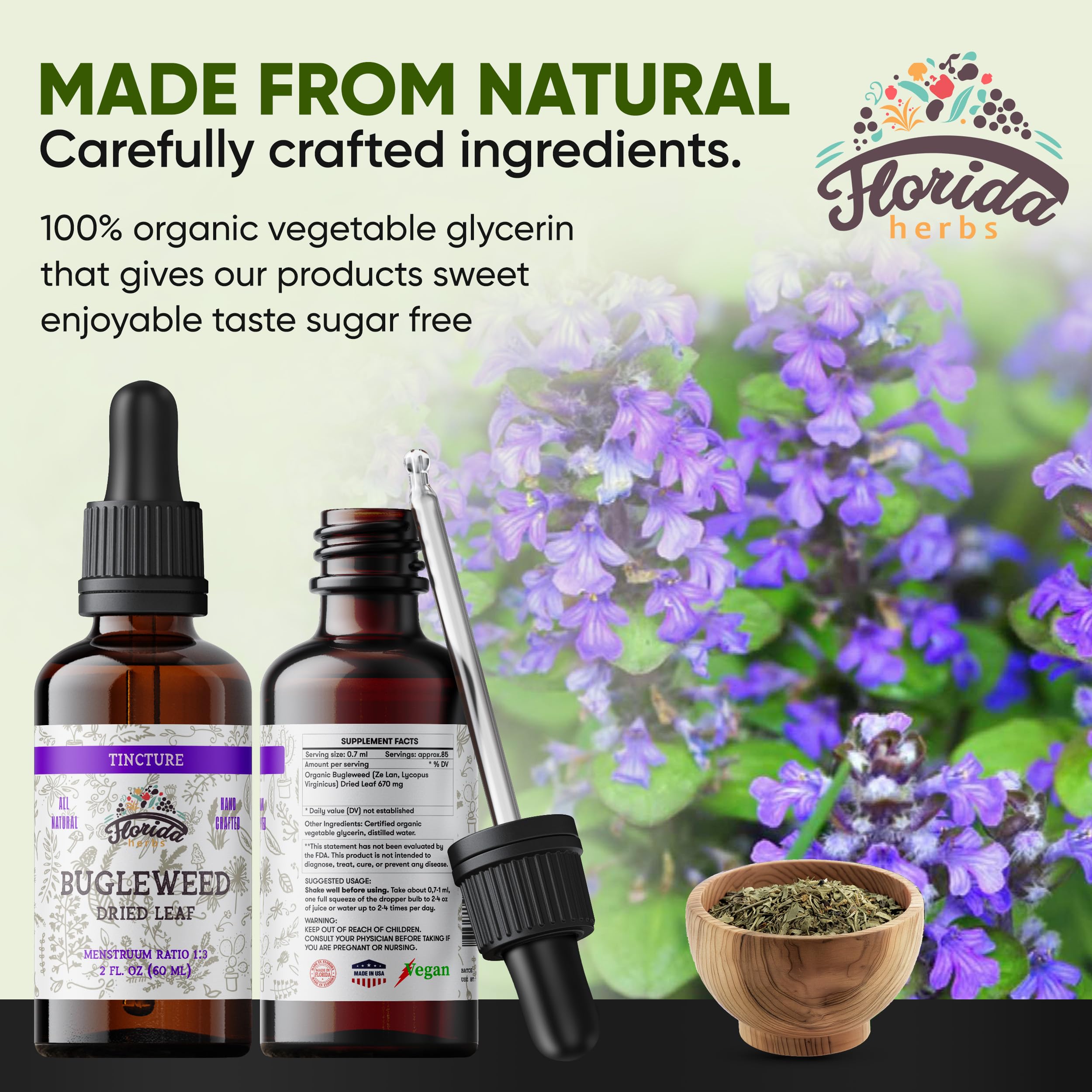 Florida Herbs Bugleweed Tincture label highlights organic, non-GMO sourcing.
