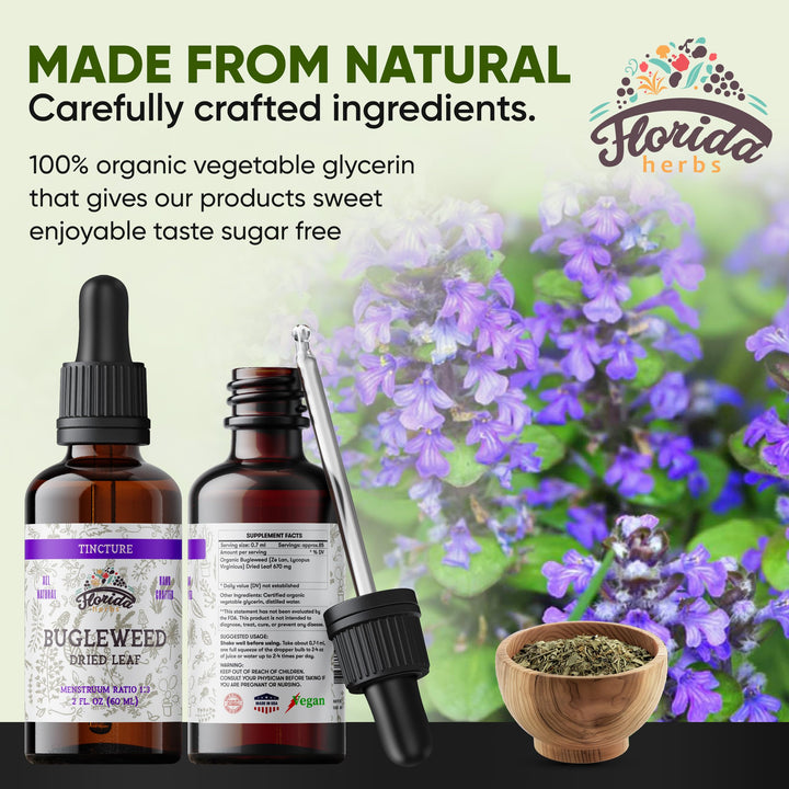 Florida Herbs Bugleweed Tincture label highlights organic, non-GMO sourcing.