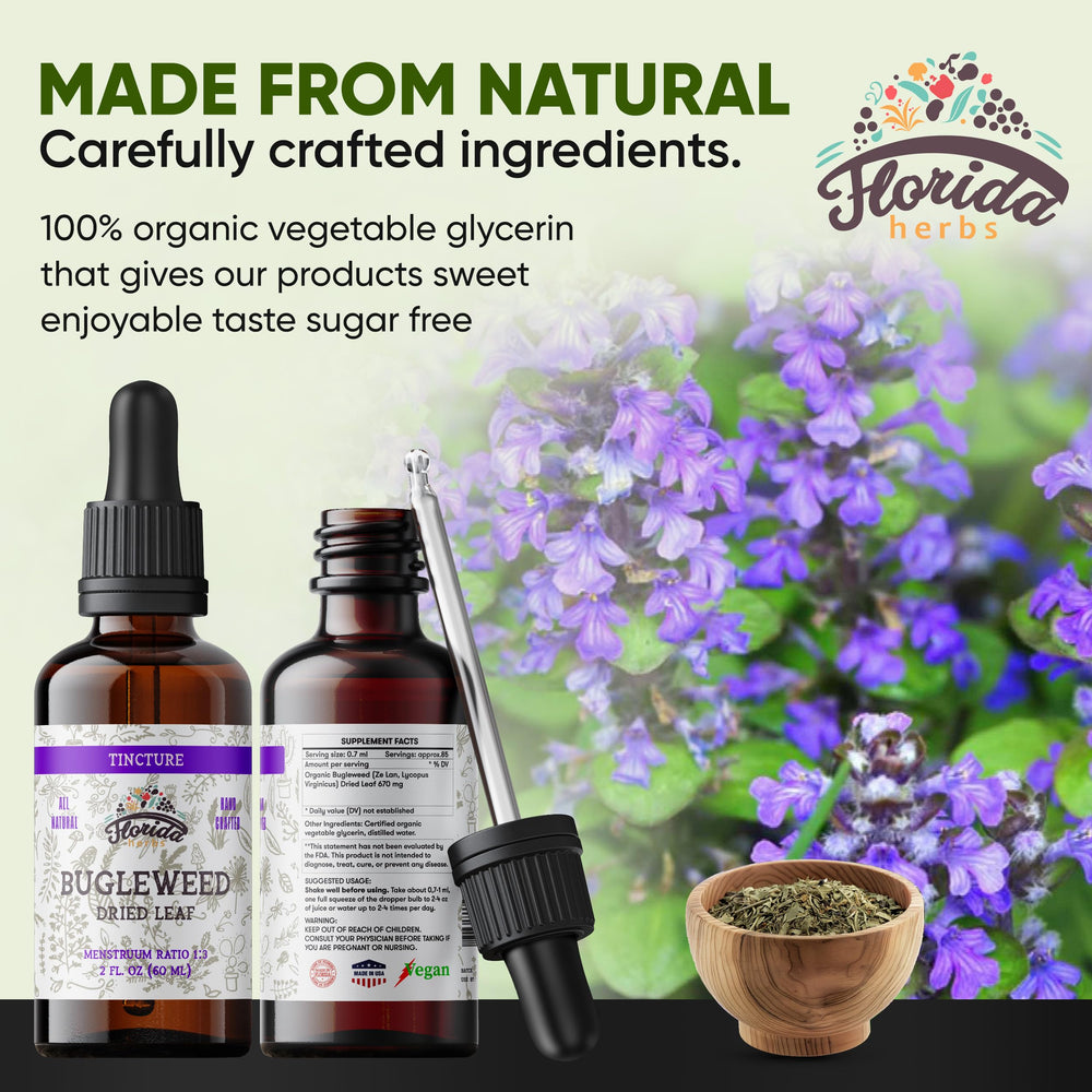 Florida Herbs Bugleweed Tincture label highlights organic, non-GMO sourcing.