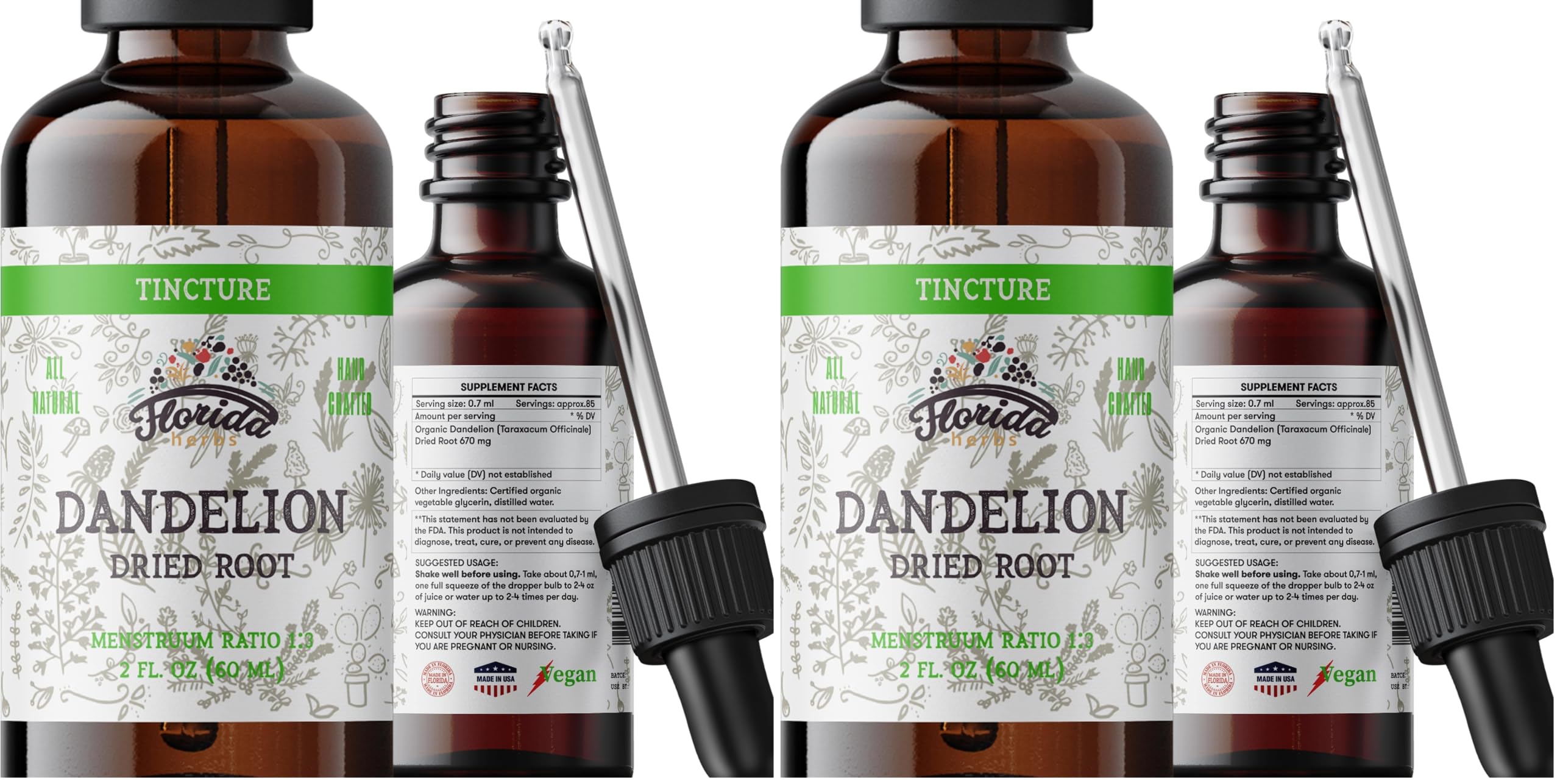 Florida Herbs Dandelion Root Tincture bottle shows organic extract for daily wellness.