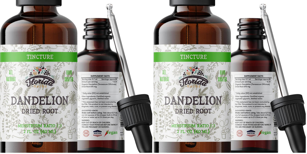Florida Herbs Dandelion Root Tincture bottle shows organic extract for daily wellness.
