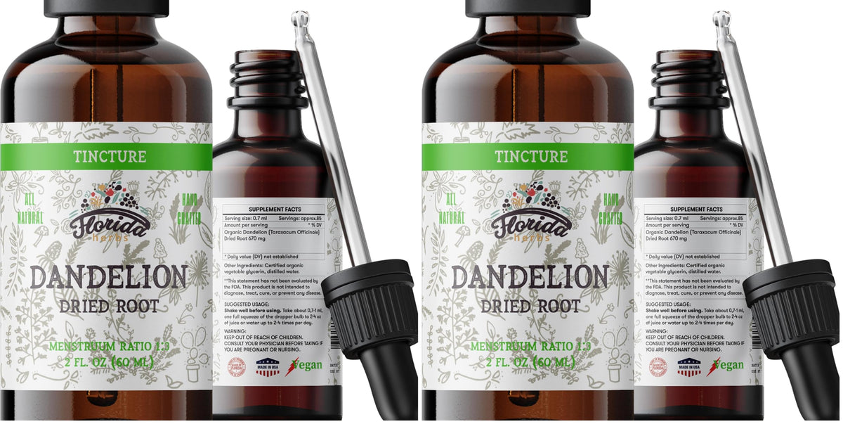 Florida Herbs Dandelion Root Tincture bottle shows organic extract for daily wellness.