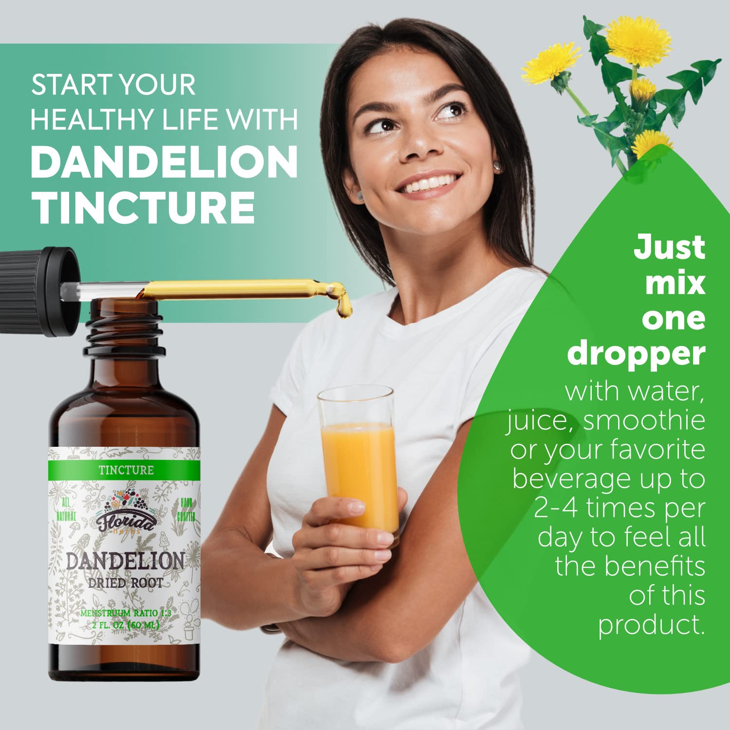 Florida Herbs Dandelion Root Tincture label closeup highlights organic ingredients.