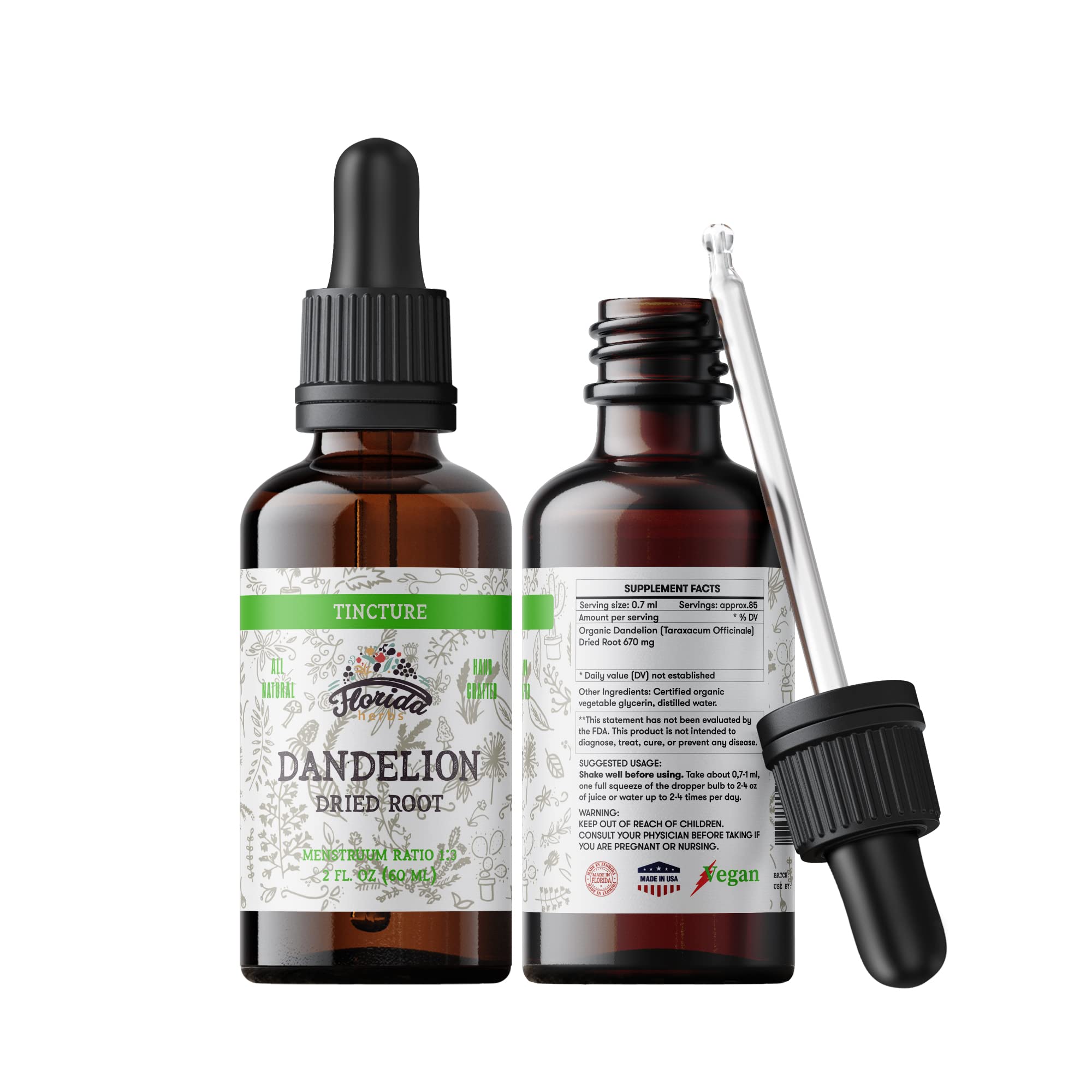 Florida Herbs Dandelion Root Tincture usage setup with glass of water for drops.