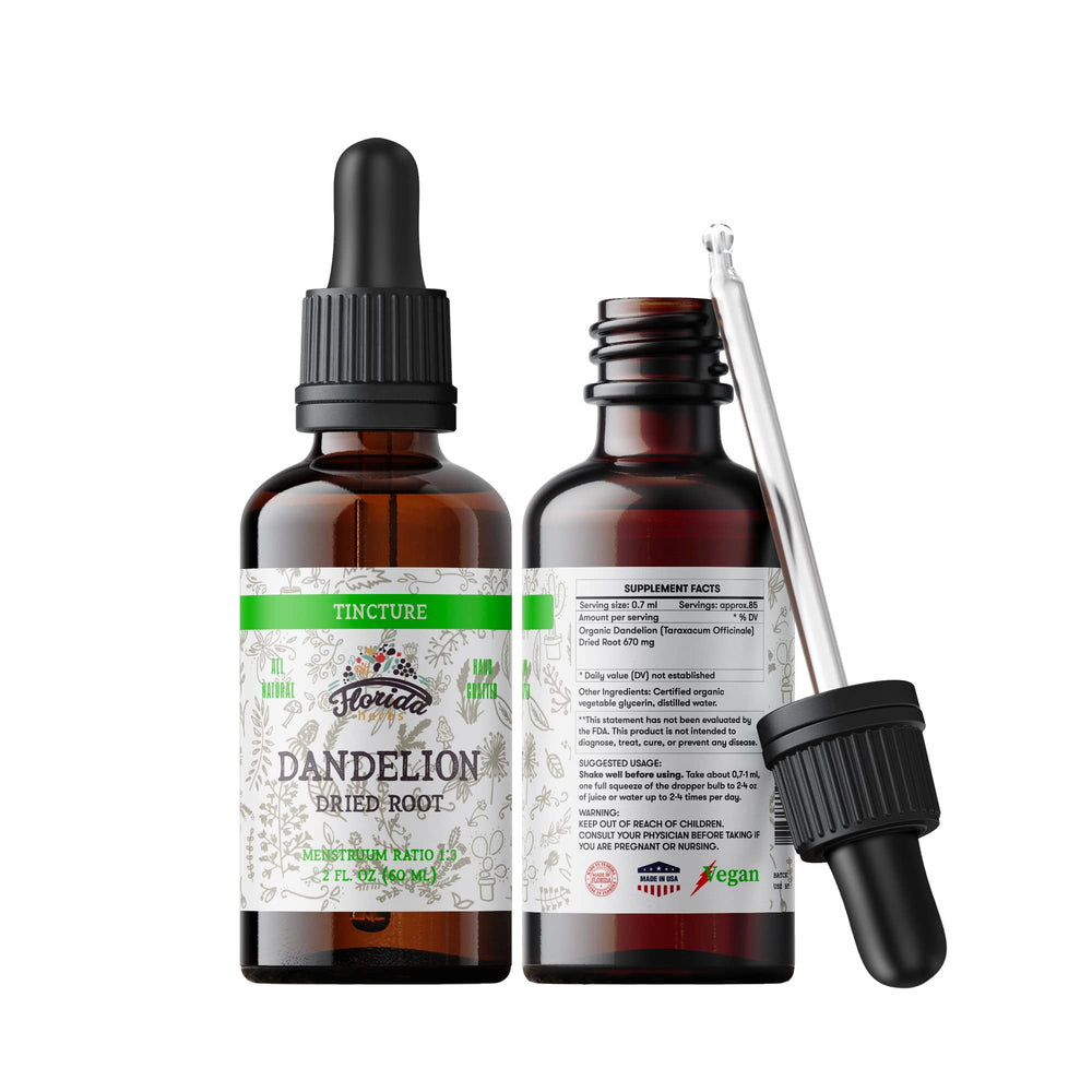 Florida Herbs Dandelion Root Tincture usage setup with glass of water for drops.