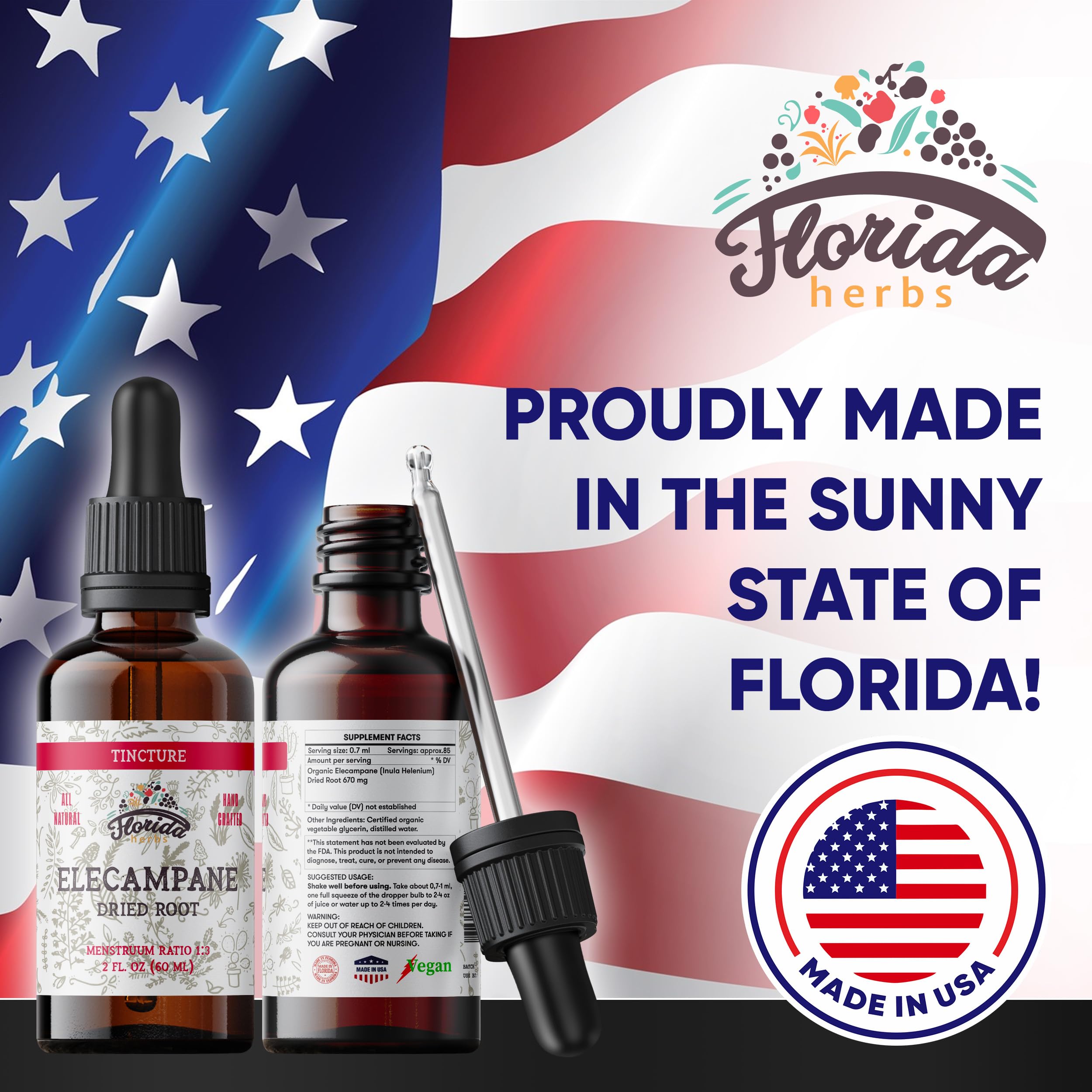Compact 2 oz Florida Herbs Elecampane tincture packaging for travel