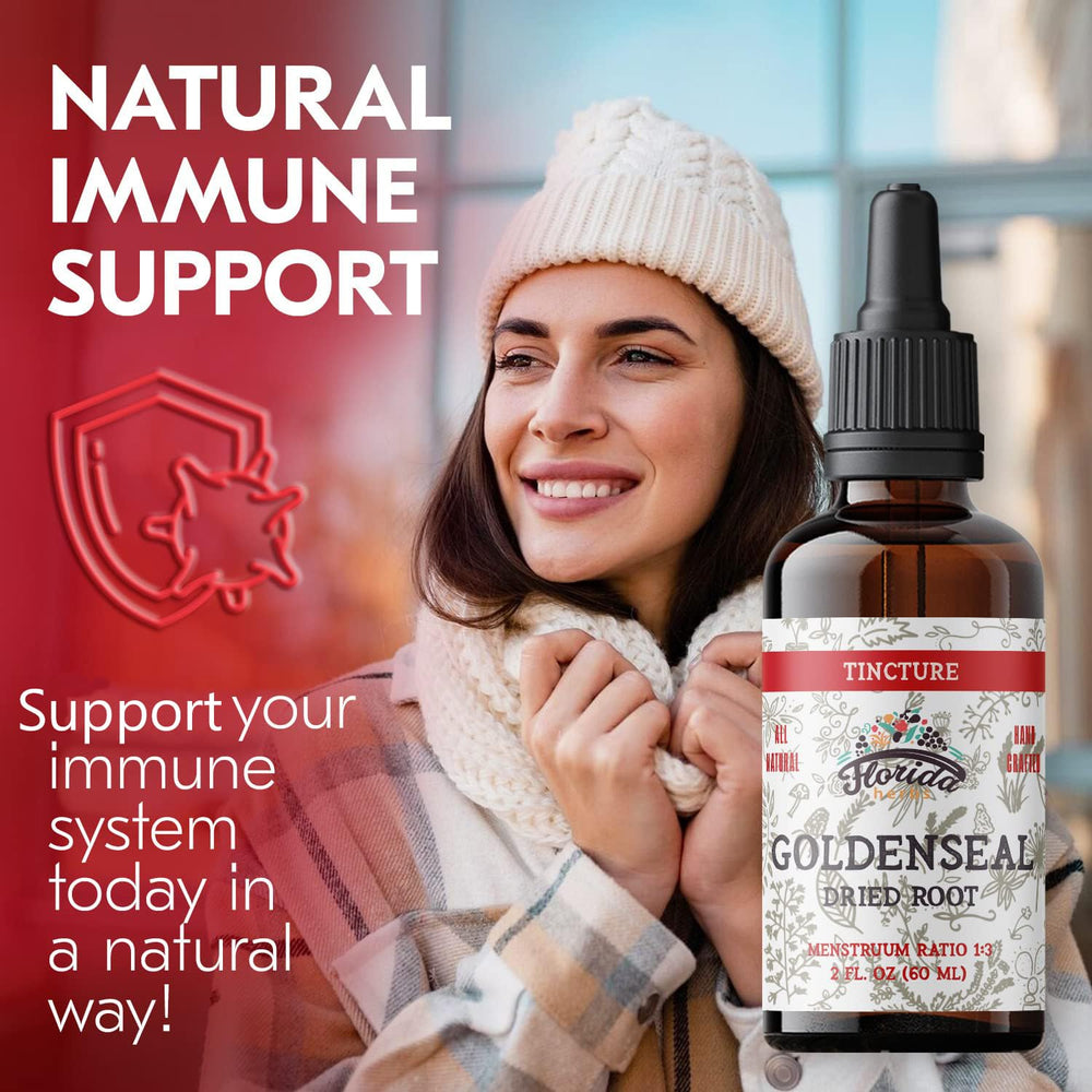Florida Herbs Goldenseal tincture bottle close-up showing alcohol-free formula