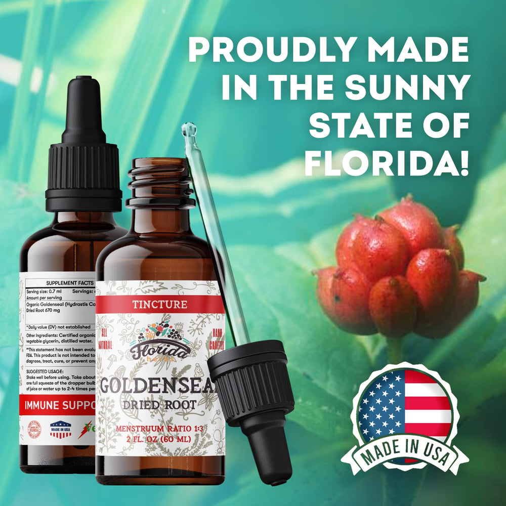 Goldenseal root beside Florida Herbs tincture illustrating organic sourcing