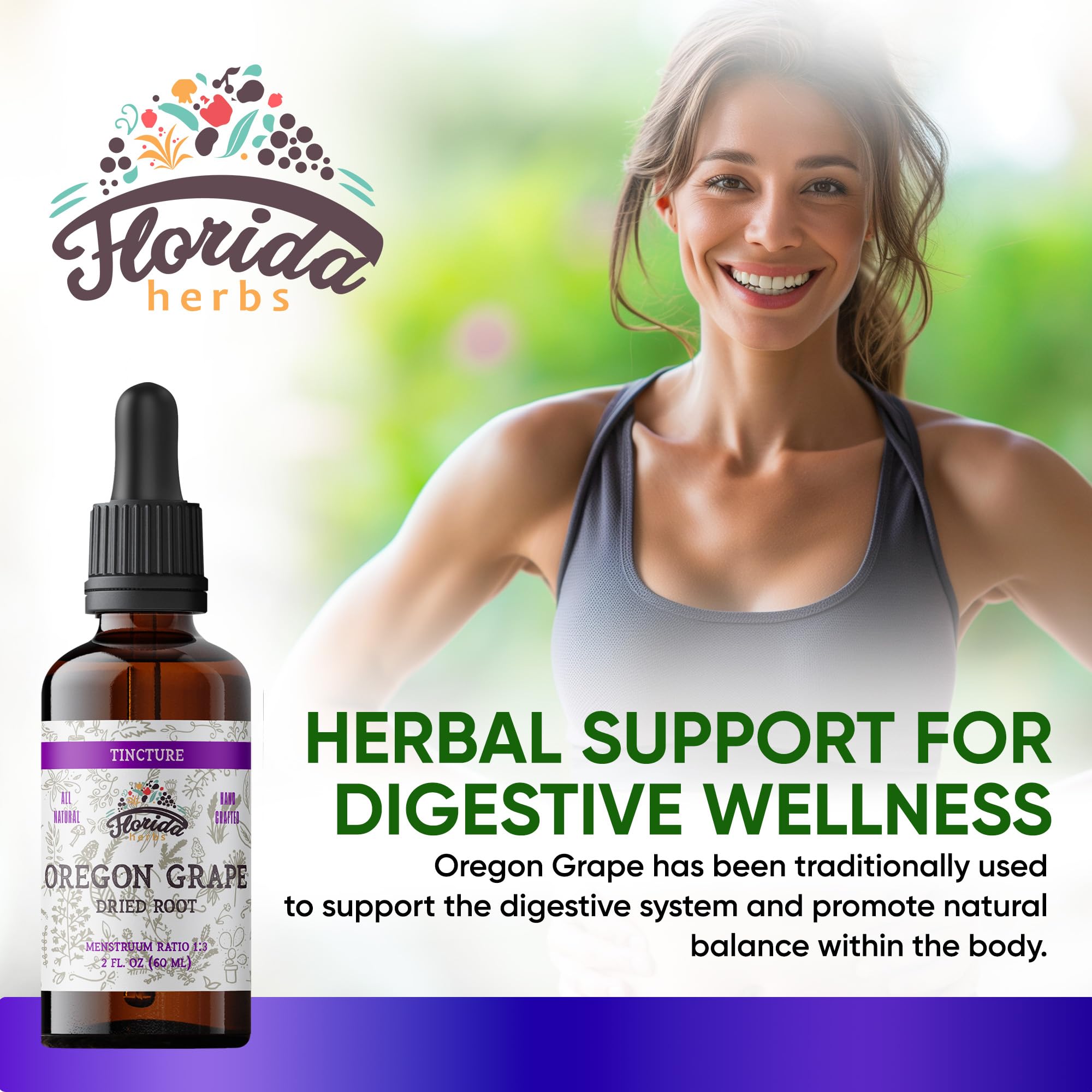 Close-up of Florida Herbs Oregon Grape tincture label highlighting organic ingredients.