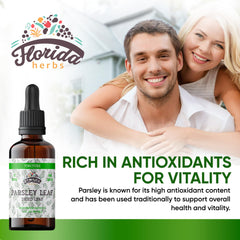 Florida Herbs parsley leaf tincture bottle and dropper for convenient alcohol-free use.