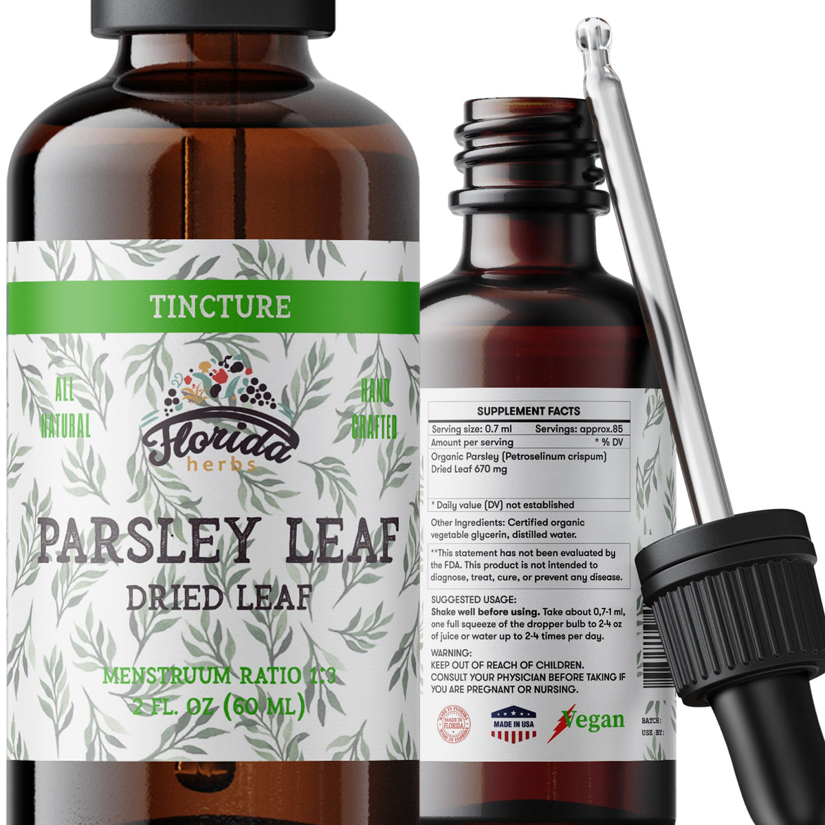 Florida Herbs parsley leaf tincture bottle with pour spout for easy daily dosing.