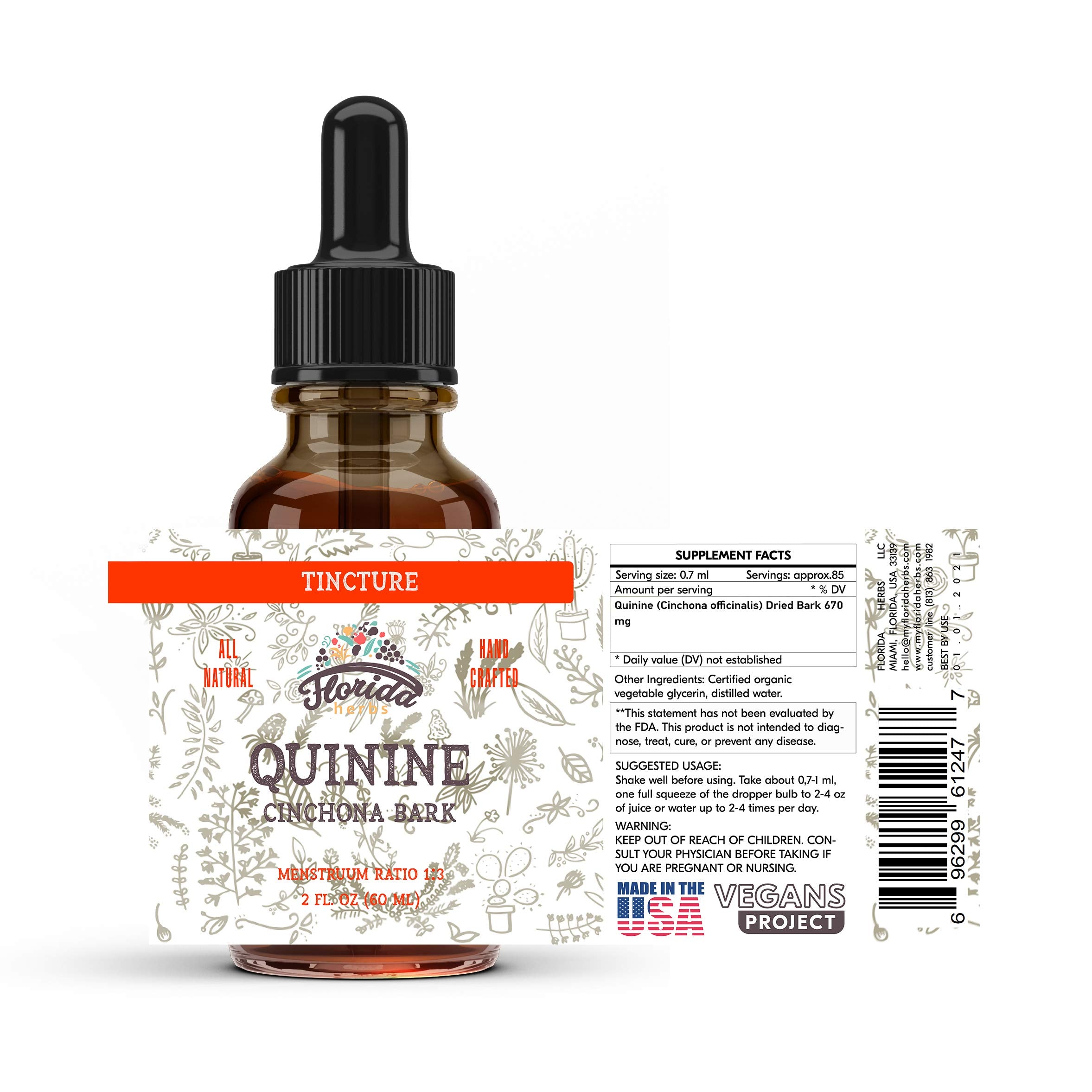 Florida Herbs Quinine tincture glass bottle demonstrates premium packaging.