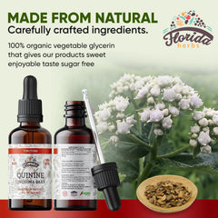 Florida Herbs Quinine tincture label detail highlights Cinchona bark origin.