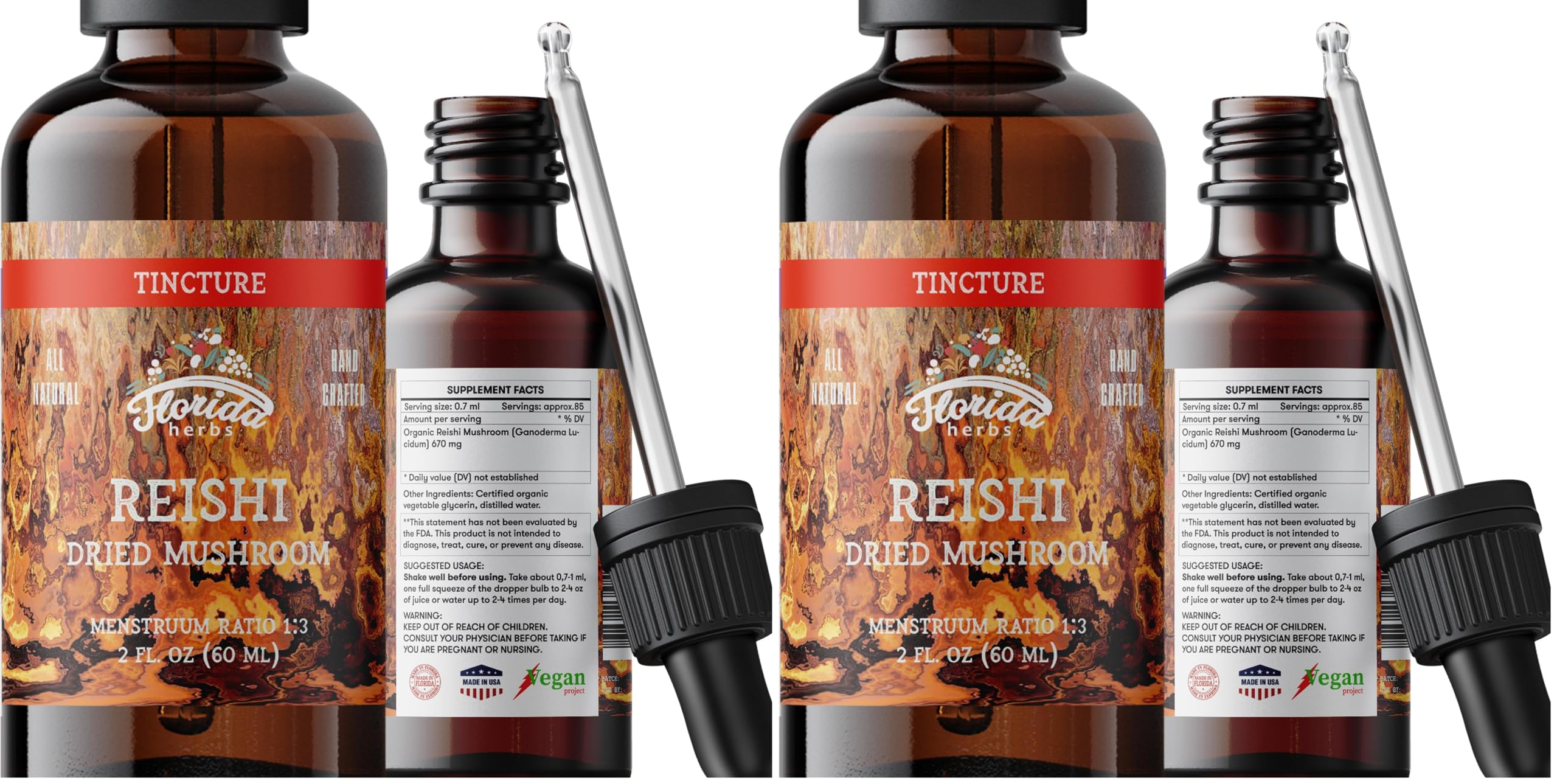 Florida Herbs Reishi tincture bottle with dropper for daily wellness use.