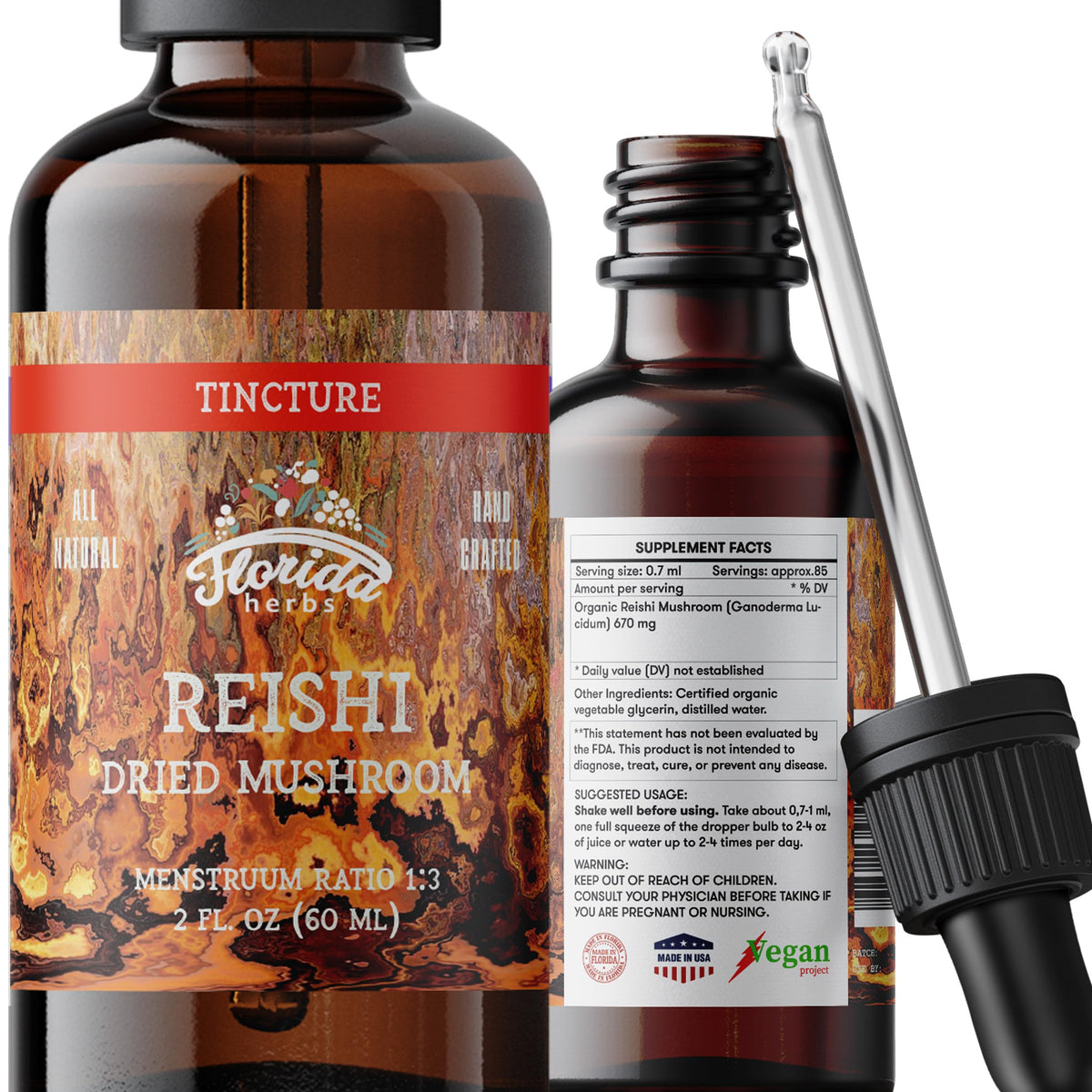 Florida Herbs Reishi tincture bottle highlighting premium organic extract.