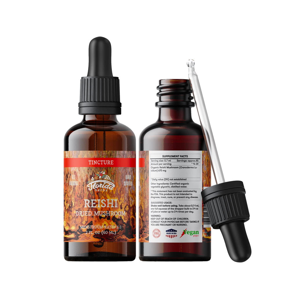 Florida Herbs Reishi tincture on kitchen counter for convenient supplementation.
