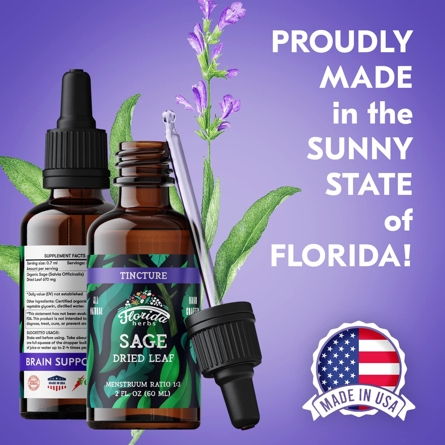 Florida Herbs Sage Extract packaging highlights non-GMO and USA-made.