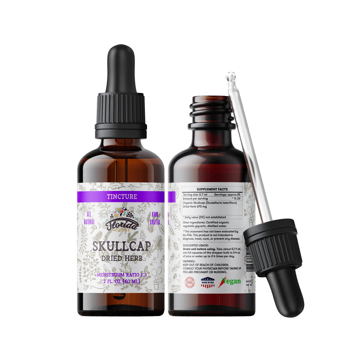 Florida Herbs Skullcap tincture bottle - promotes relaxation in your daily routine.