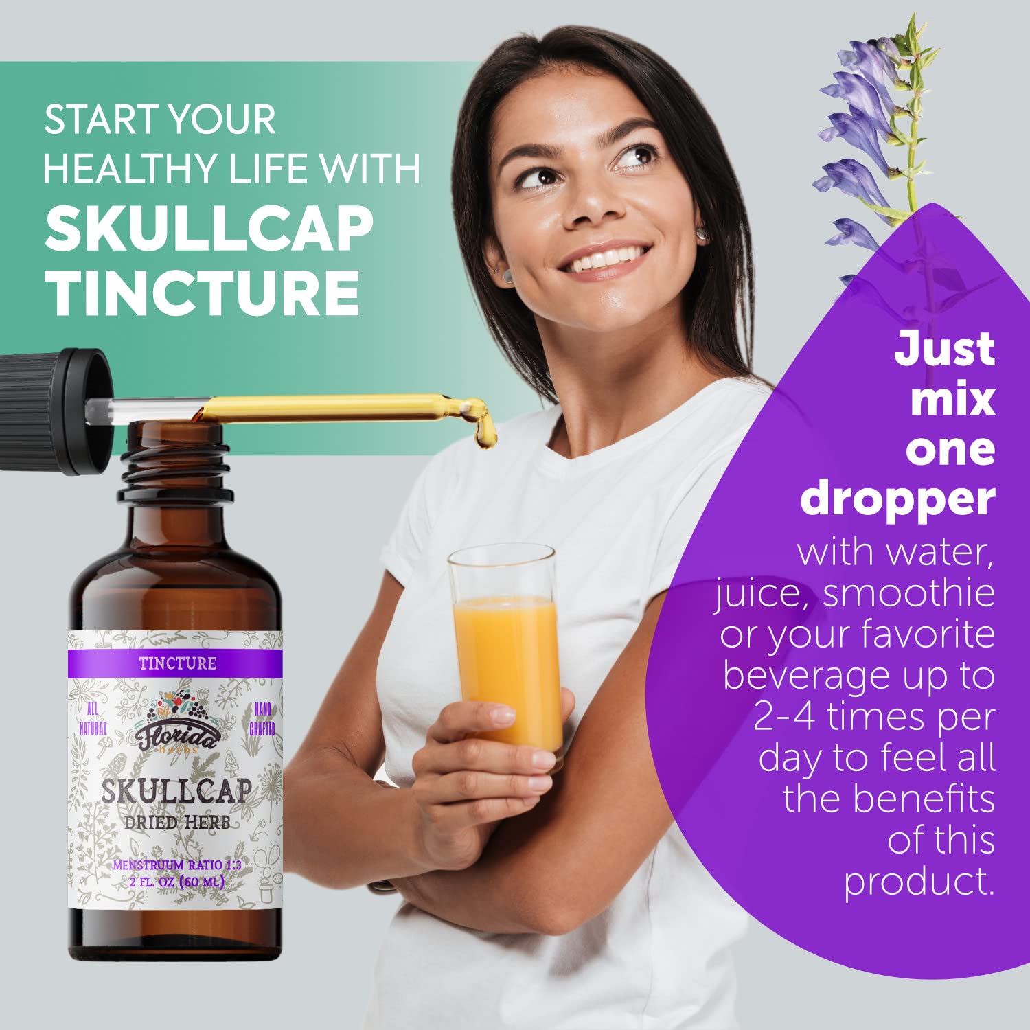 Florida Herbs Skullcap tincture pour - convenient dropper for quick calming rituals.