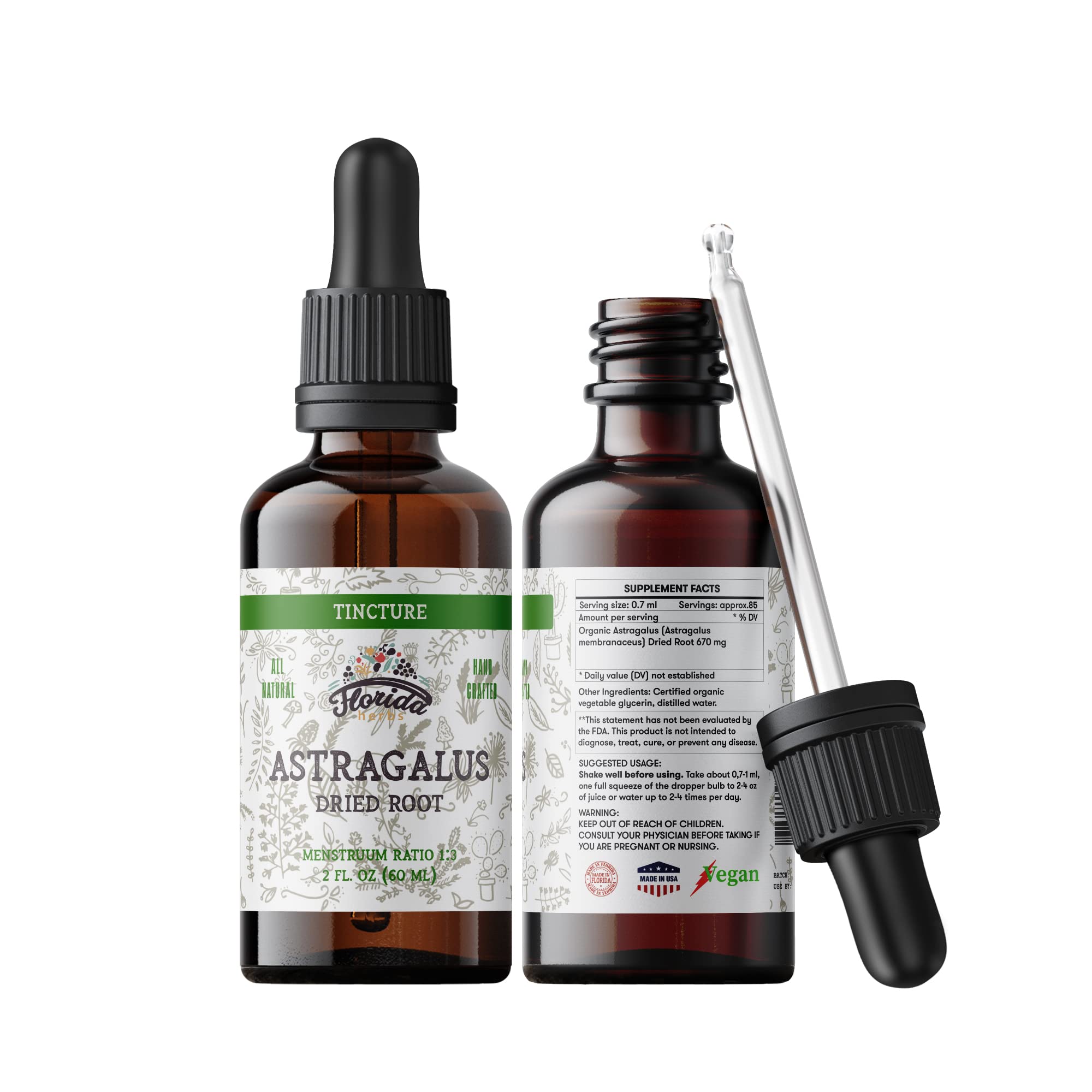 Florida Herbs tincture packaging box highlights non-GMO and gluten-free attributes.