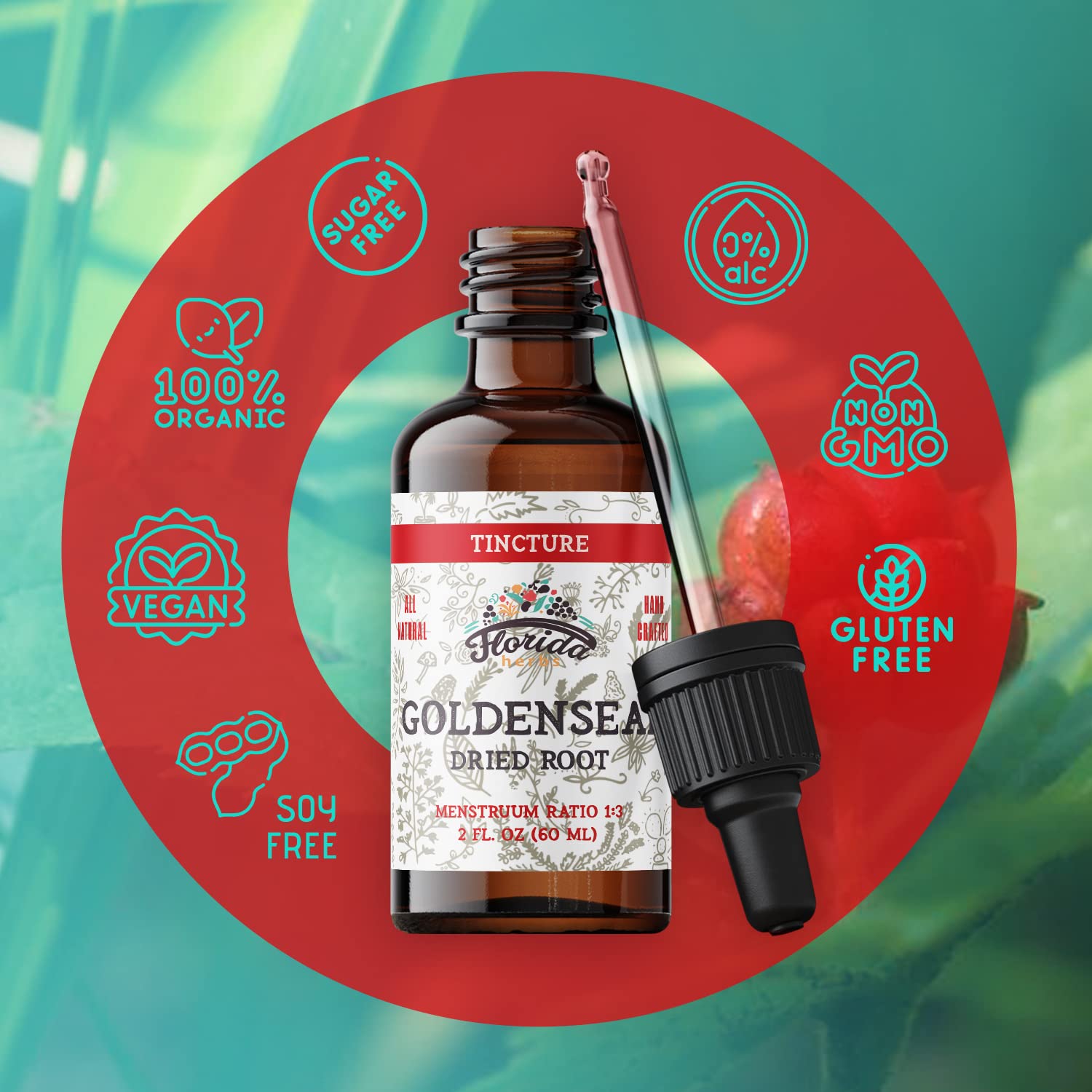Florida Herbs Goldenseal tincture bottle on kitchen counter, USA-made